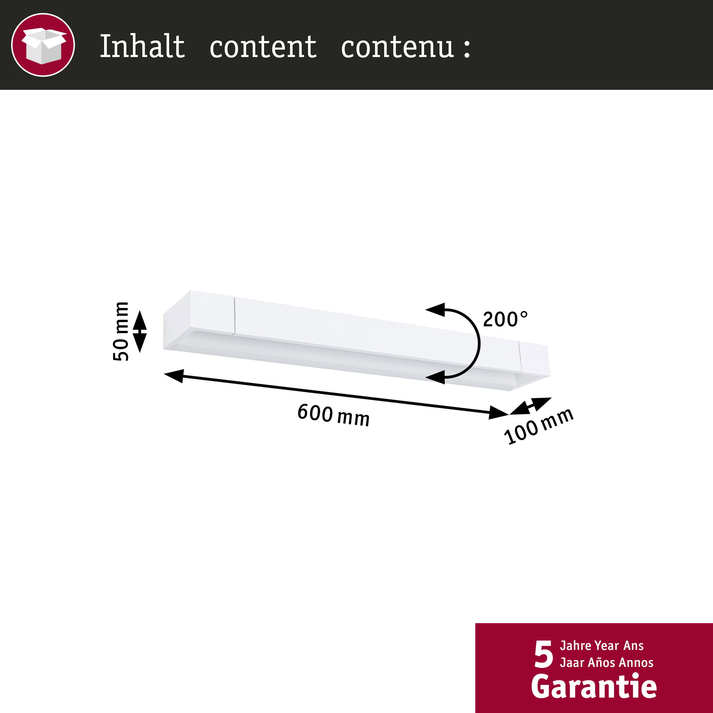 Rysunek techniczny podłużnej białej lampy o wymiarach 600x100x50 mm i strzałce obrotu 200°.