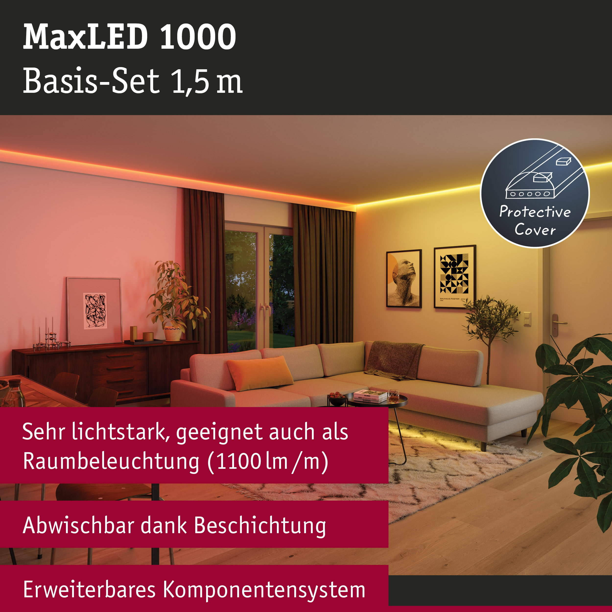 Salon z beżową sofą narożną, pośrednim oświetleniem LED i tekstami o MaxLED 1000.