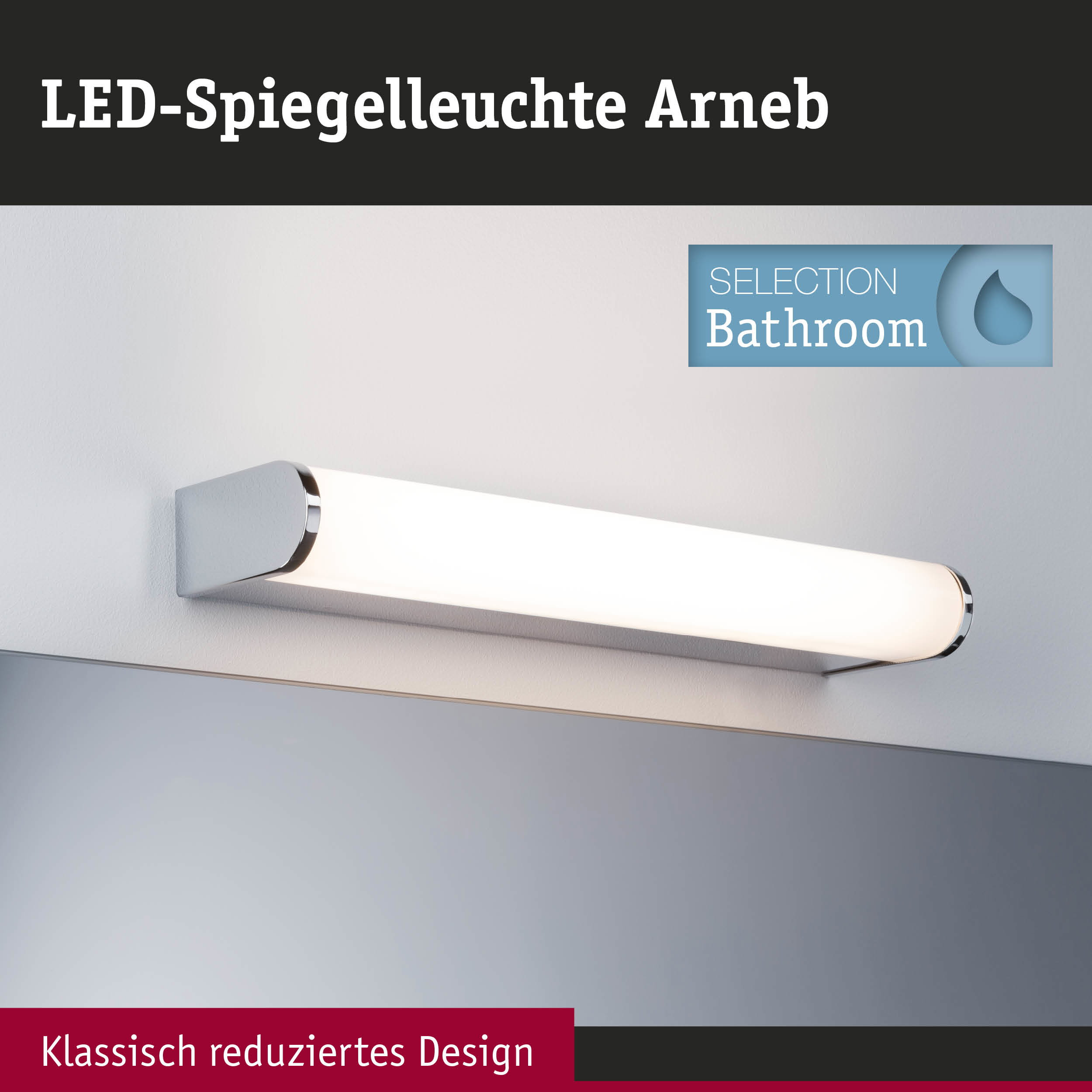 Chrom LED Spiegelleuchte an der Wand mit Textüberlagerungen.