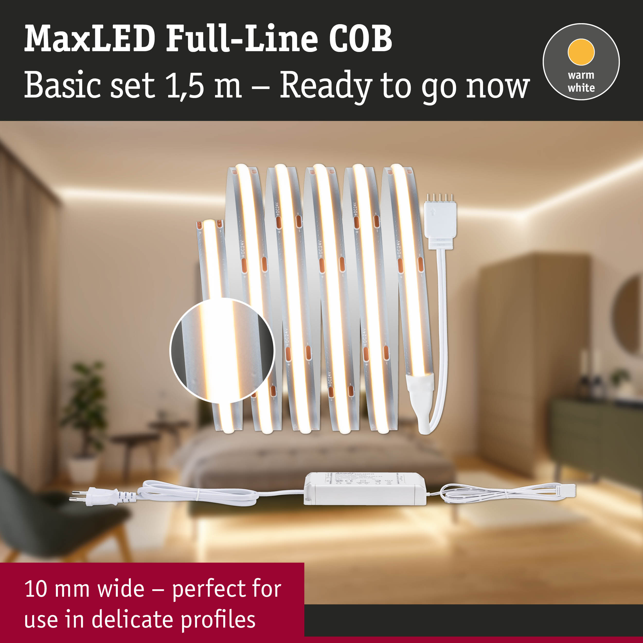 Taśma LED MaxLED Full-Line COB 1,5m o ciepłej bieli z zasilaczem na tle sypialni.