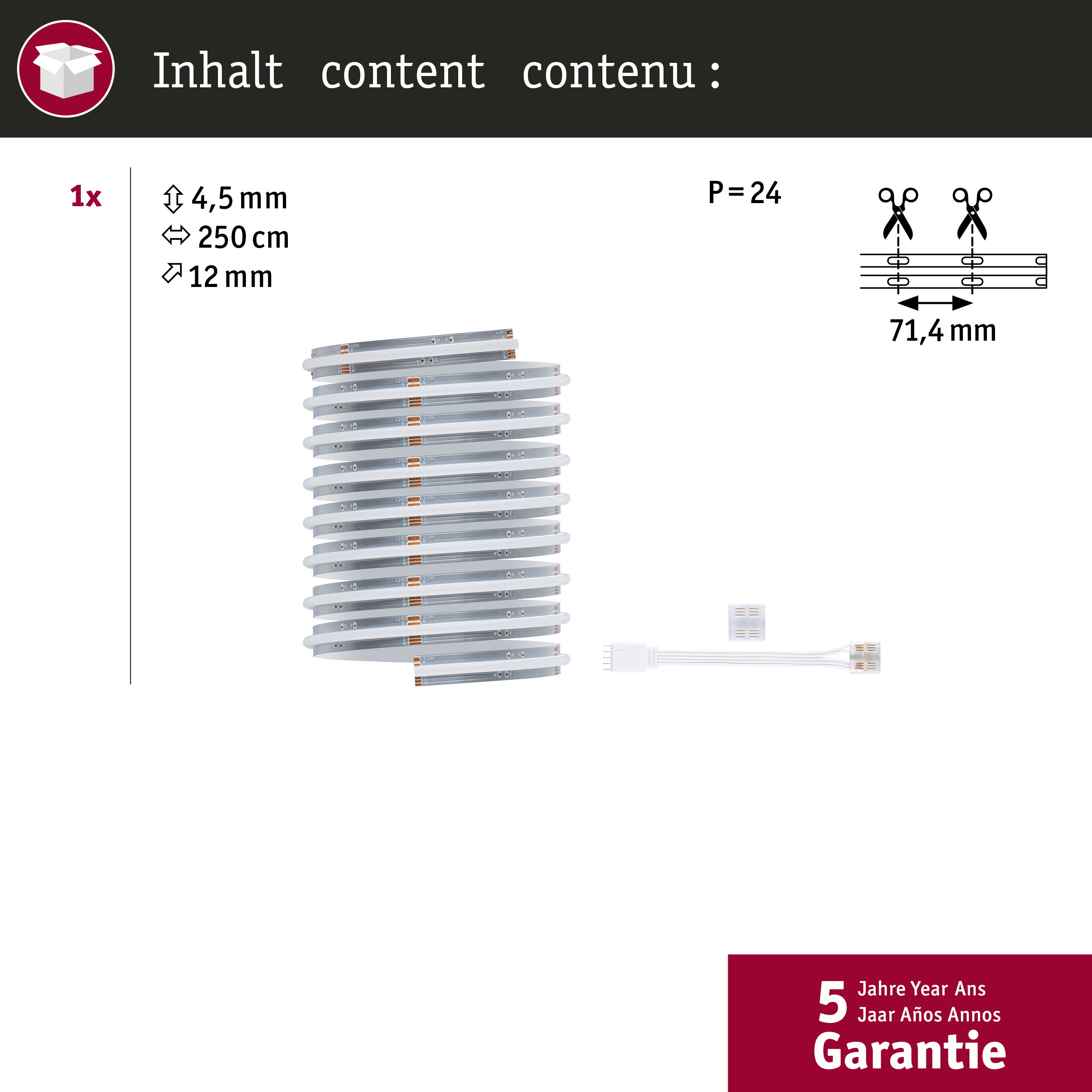 LED-Streifen gerollt mit Abmessungen, Schnittmarken bei 71,4 mm und Zubehör, inklusive 5 Jahre Garantie.