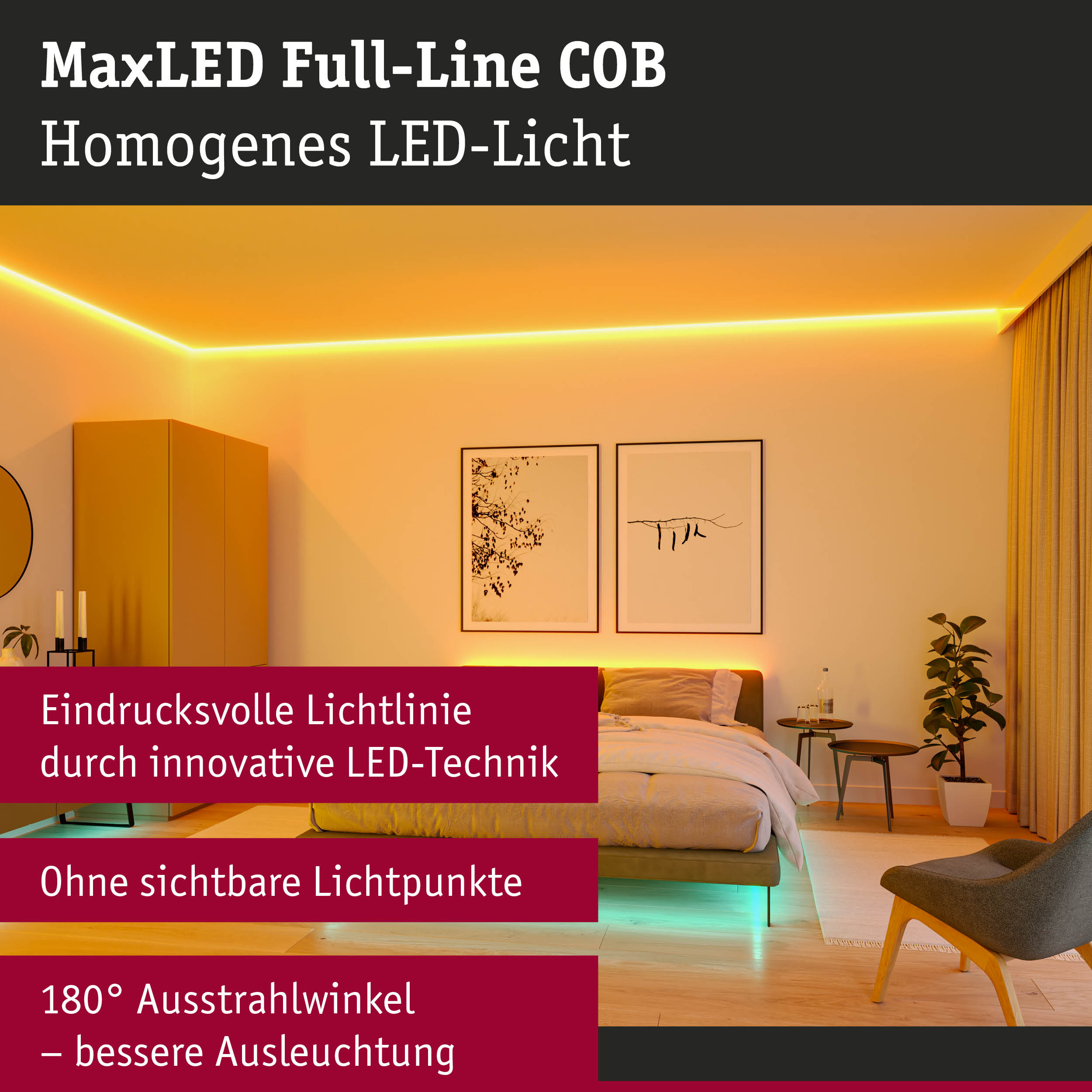 LED-Streifen beleuchten ein modernes Schlafzimmer mit warmem Licht an Decke und Bett.