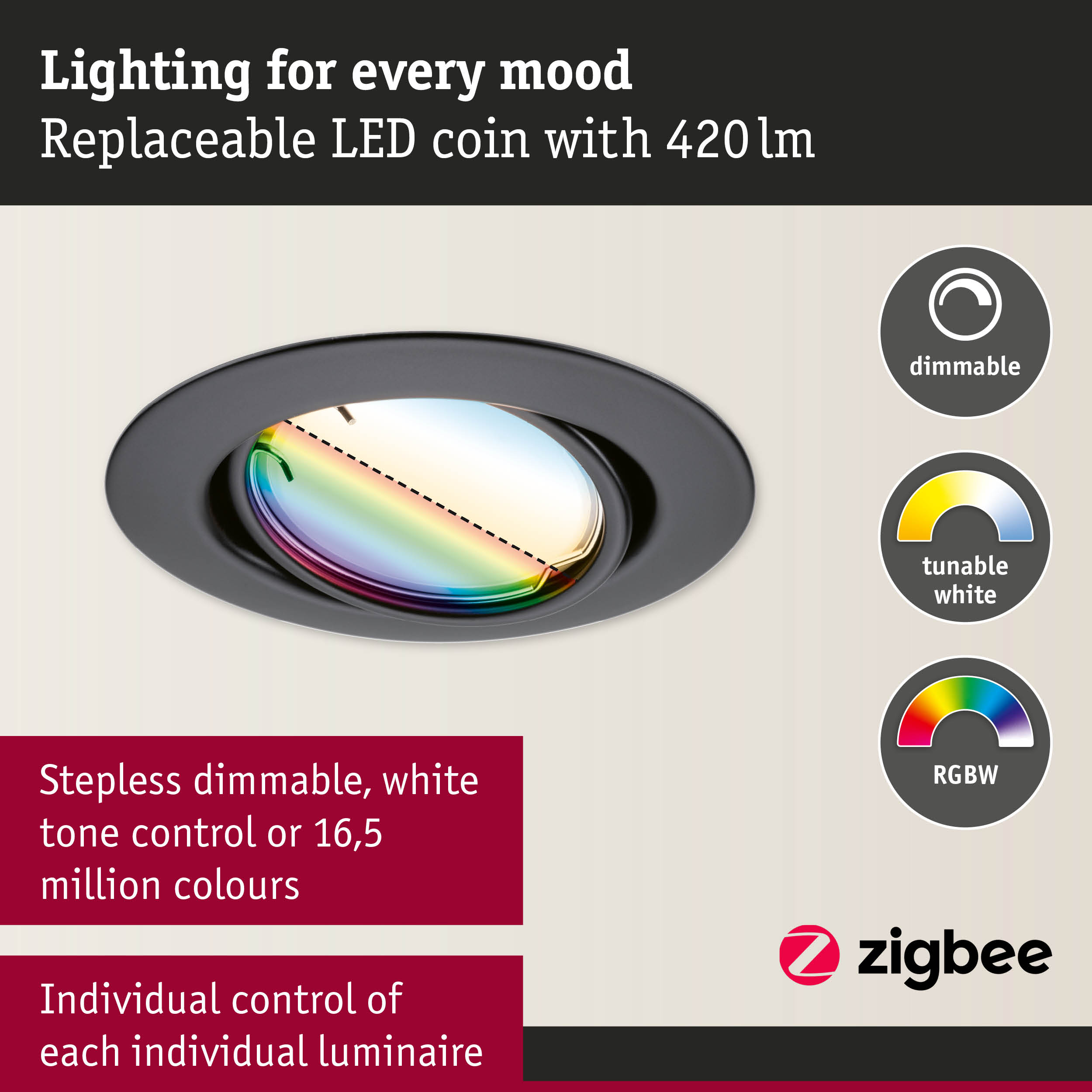 Werbung für einen dimmbaren, farbwechselnden LED-Strahler mit Zigbee.