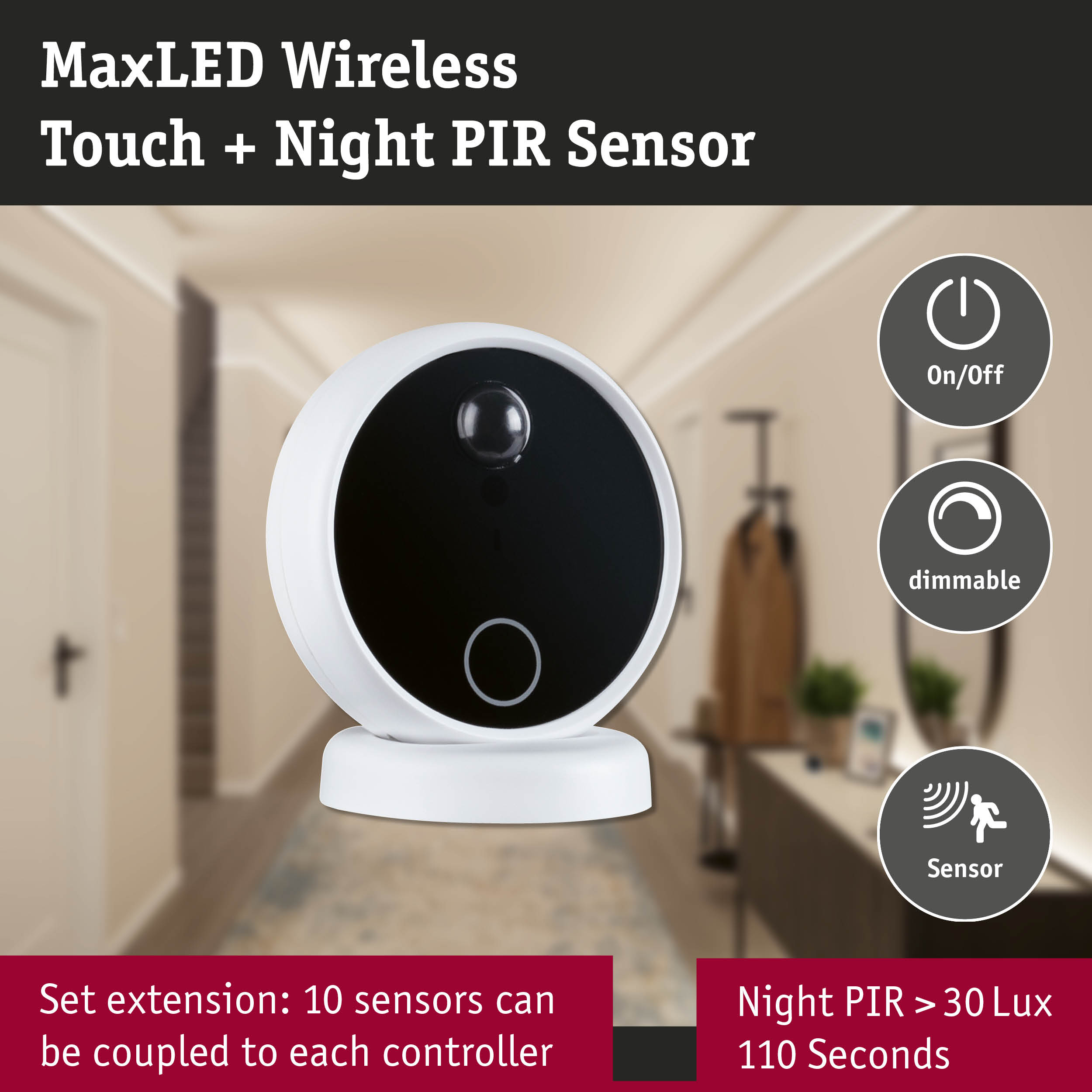 Bezprzewodowy czujnik dotykowy i nocny PIR MaxLED w przedpokoju z ikonami.