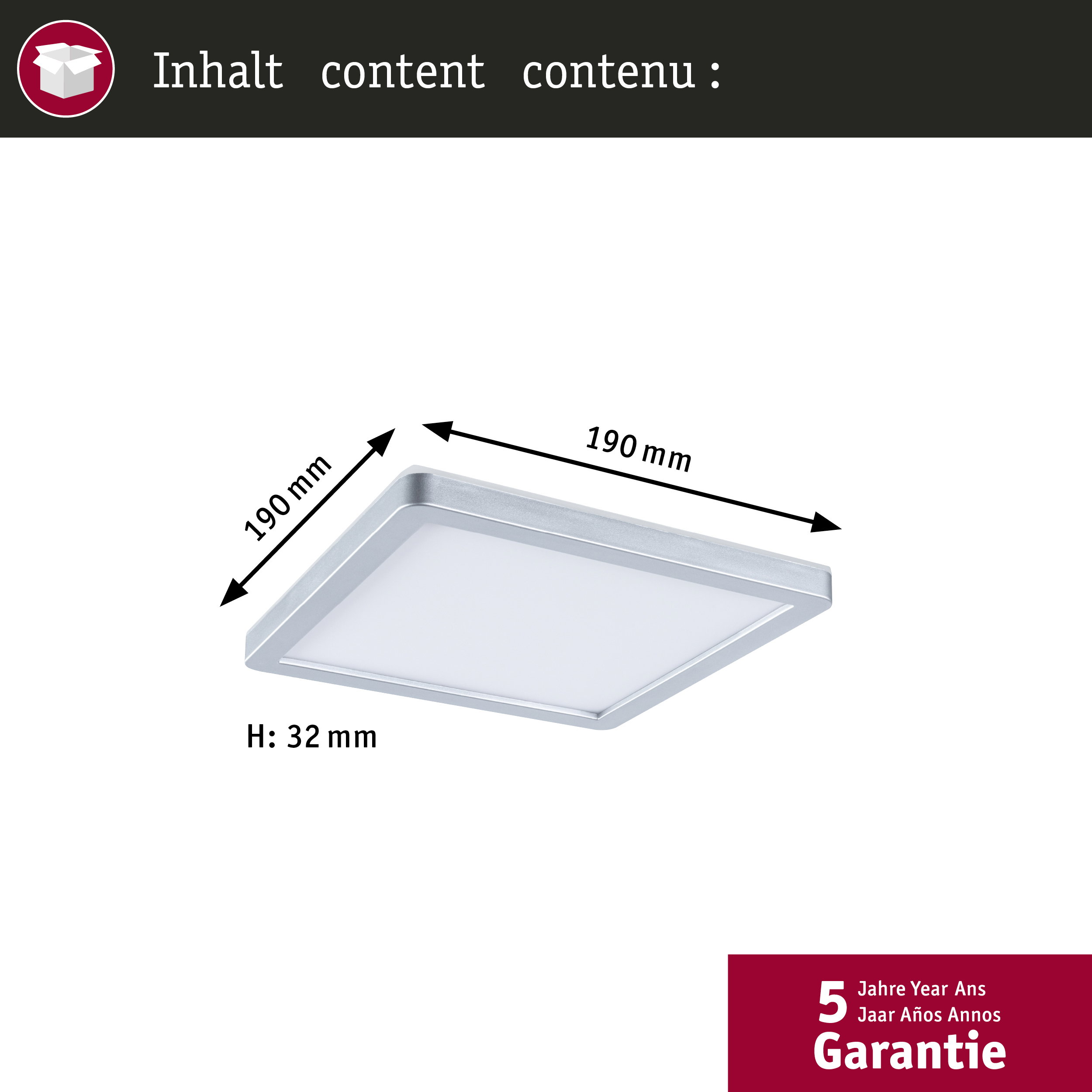 Kwadratowa, srebrna lampa sufitowa LED o wymiarach 190x190x32 mm na białym tle z 5-letnią gwarancją.
