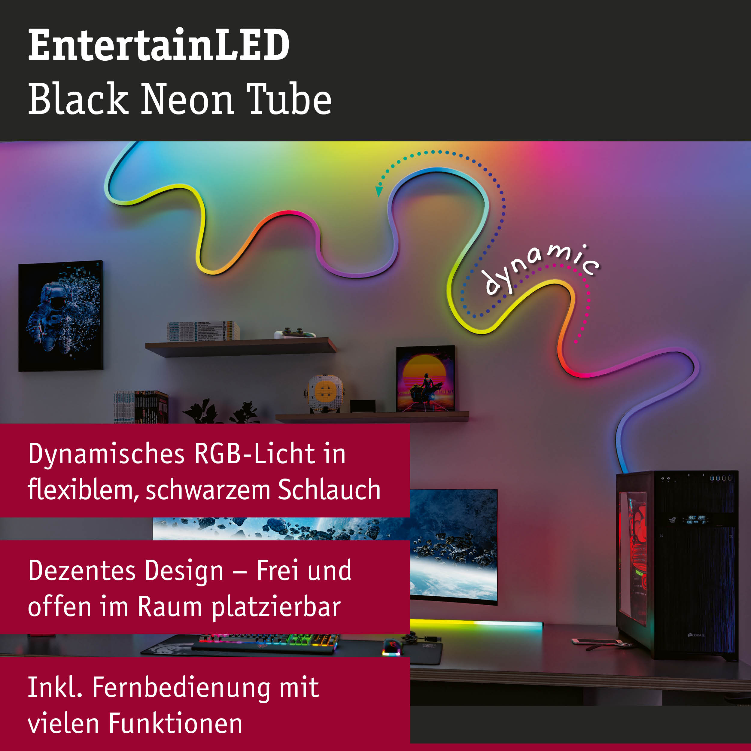 Bunte RGB-Neon-Lichtschlauch-LED-Leiste über einem Gaming-Schreibtisch an einer Wand.