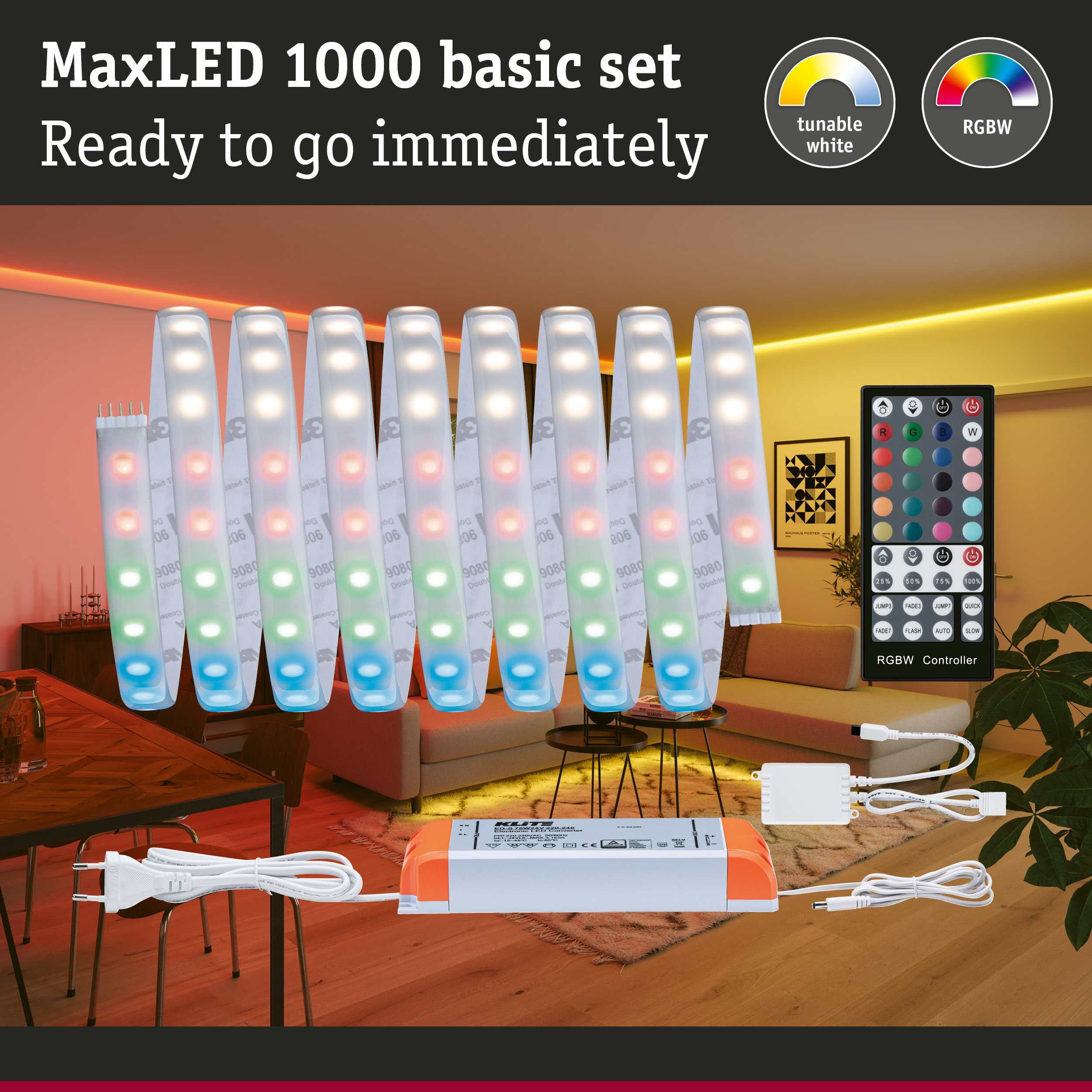 Podstawowy zestaw taśm LED MaxLED 1000 ze sterownikiem, pilotem i zasilaczem w salonie.