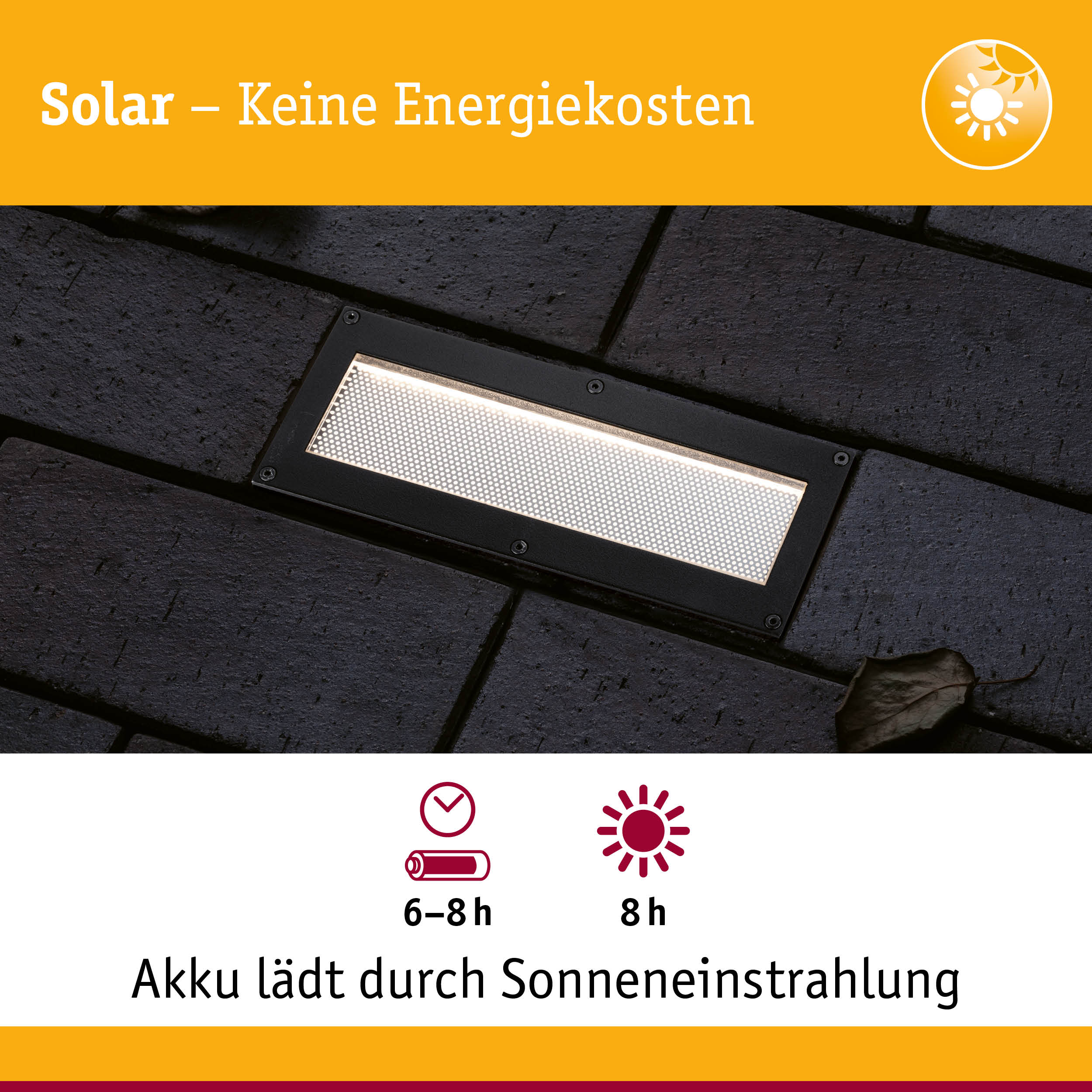 Solar-Wegeleuchte im dunklen Pflaster, mit Text zu Solar, Akkuladezeit und 8h Betrieb.
