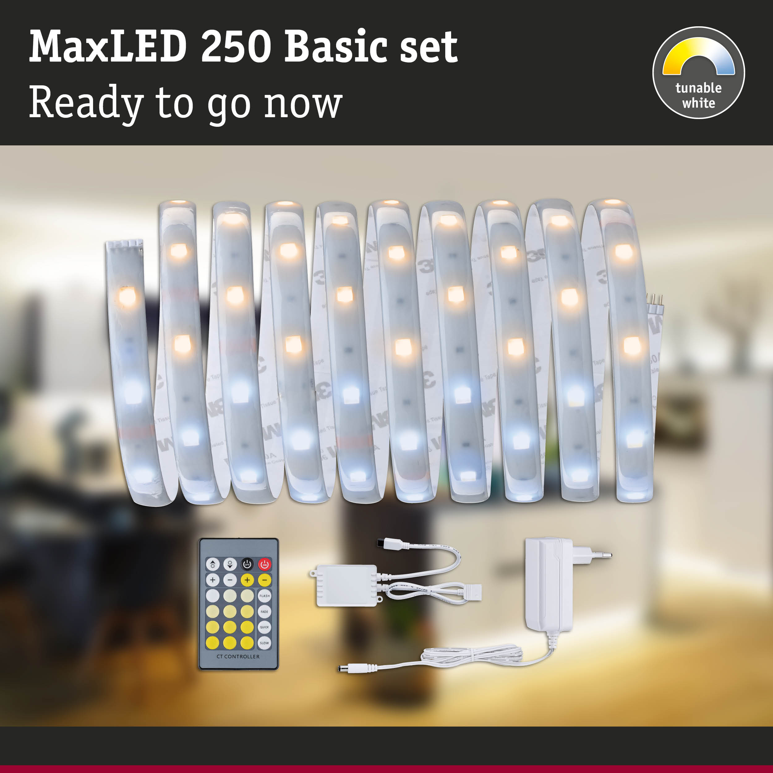 MaxLED 250 Basis Set mit flexiblem LED-Streifen, Fernbedienung, Controller und Netzteil vor verschwommenem Hintergrund.