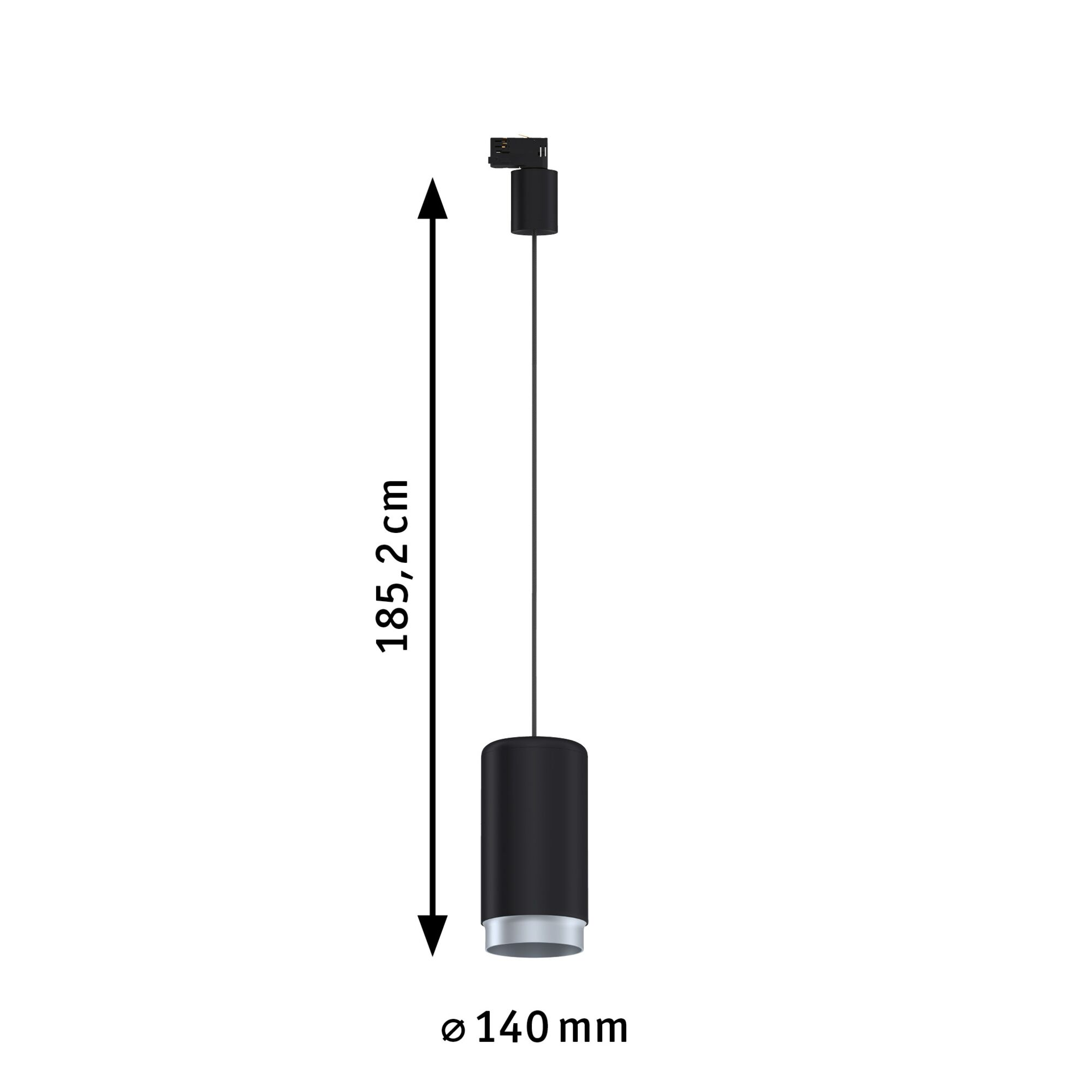 Schwarze Pendelleuchte mit Maßen: Höhe 185,2 cm und Durchmesser 140 mm.