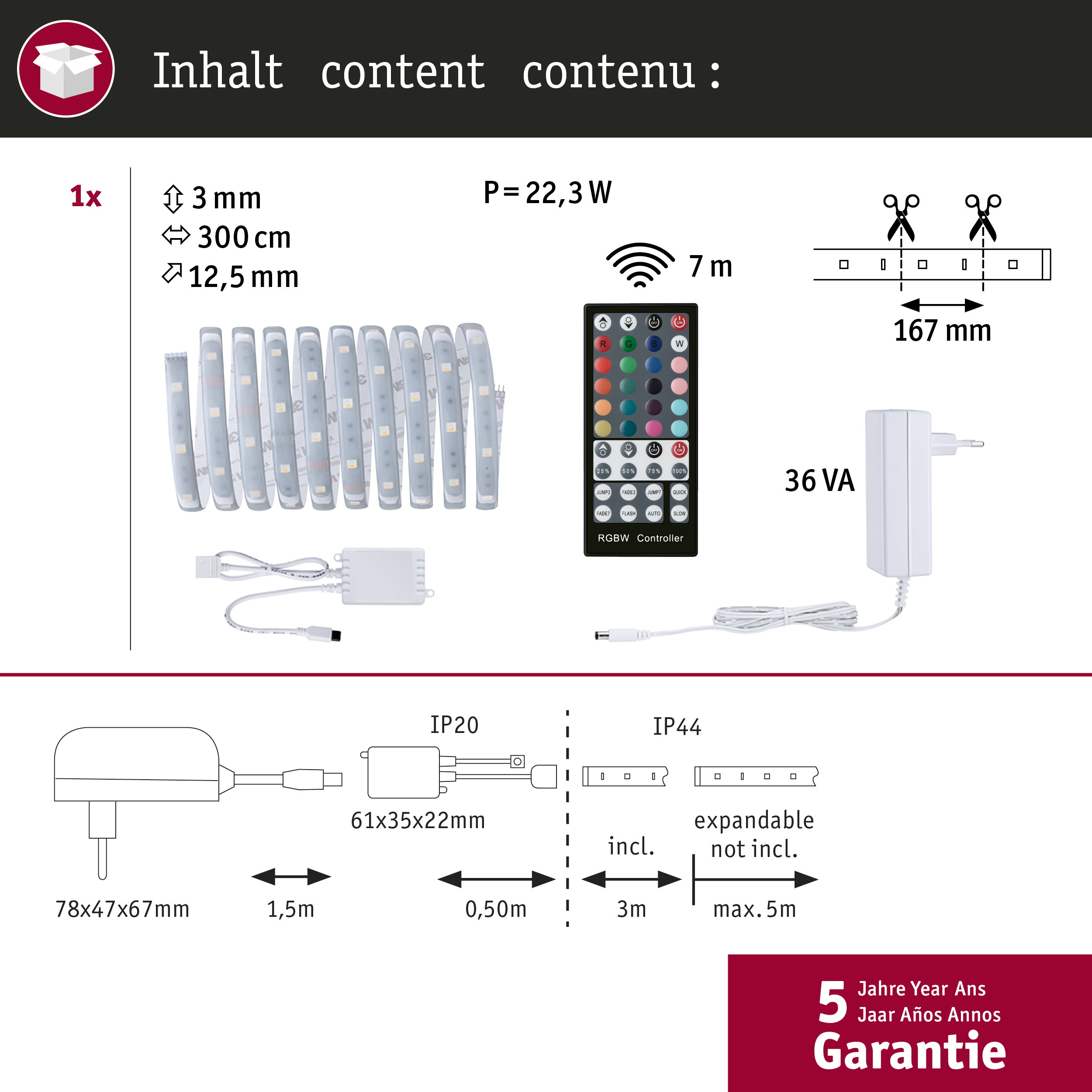 LED-Strip-Inhalt mit Fernbedienung, Netzteil, Controller und technischen Maßen.