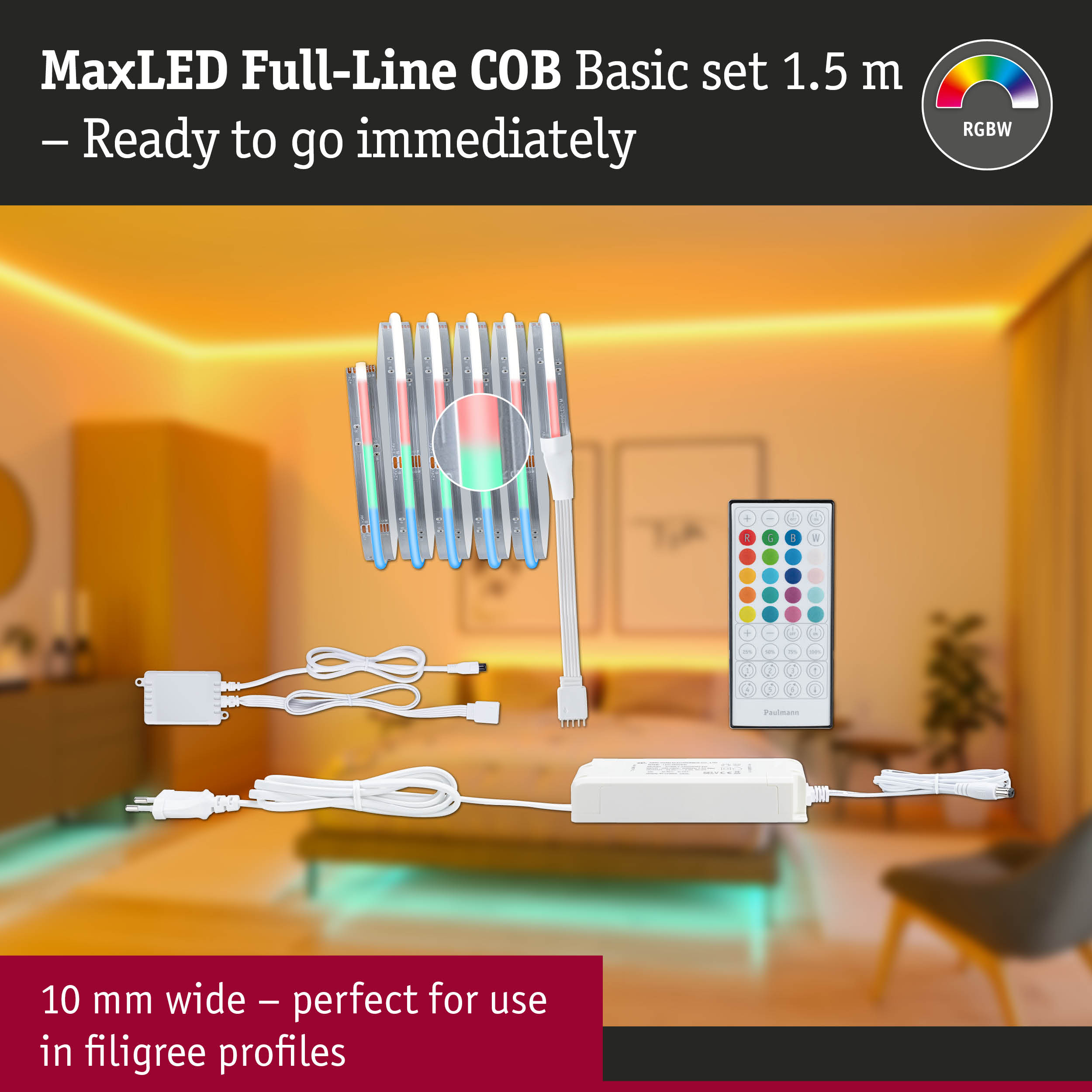 MaxLED Full-Line COB Basic Set mit LED-Streifen, Fernbedienung, Netzteil und Kabeln vor einem Schlafzimmer.