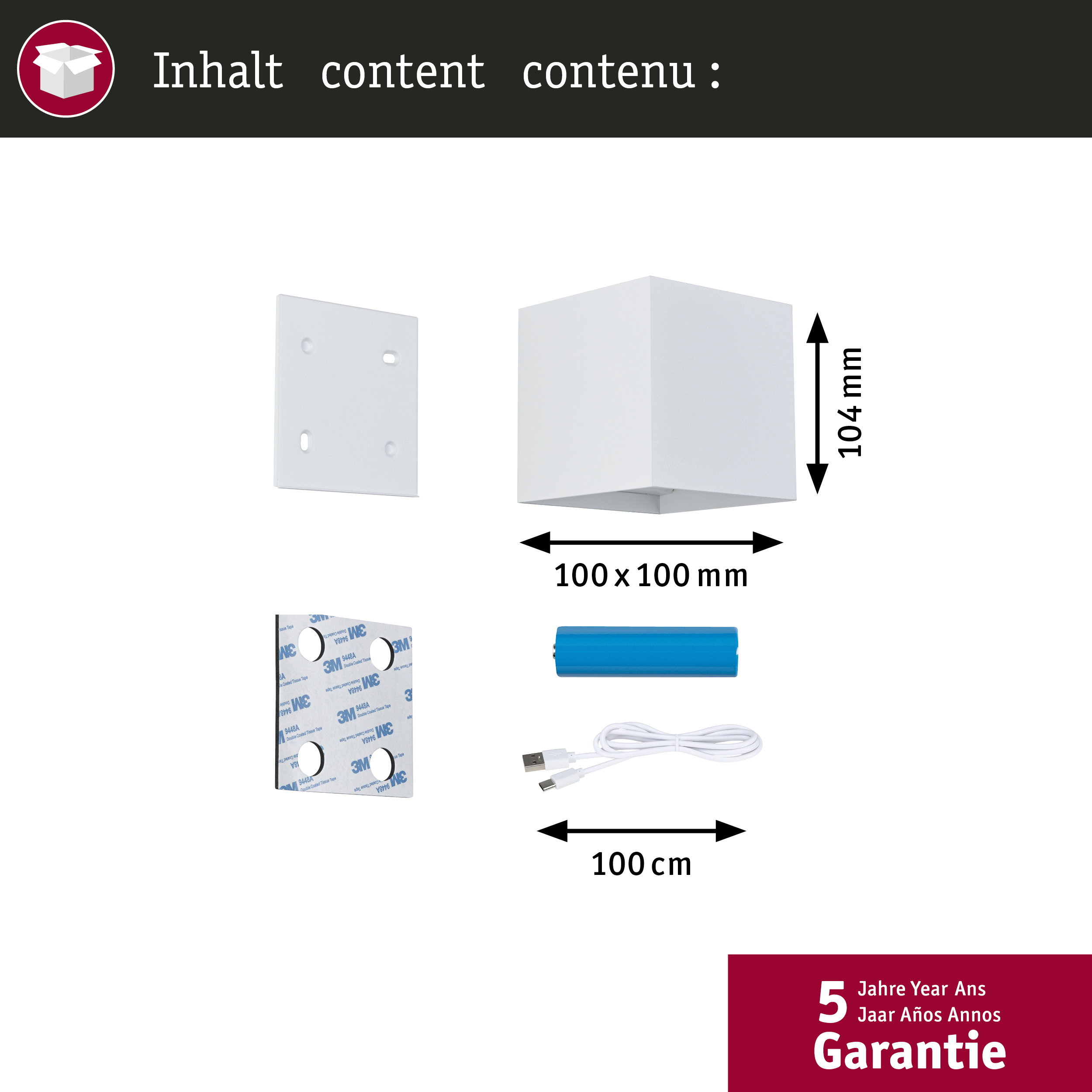 Zawartość produktu z białą lampą ścienną, wymiarami, płytą montażową, baterią, kablem USB i 5-letnią gwarancją.