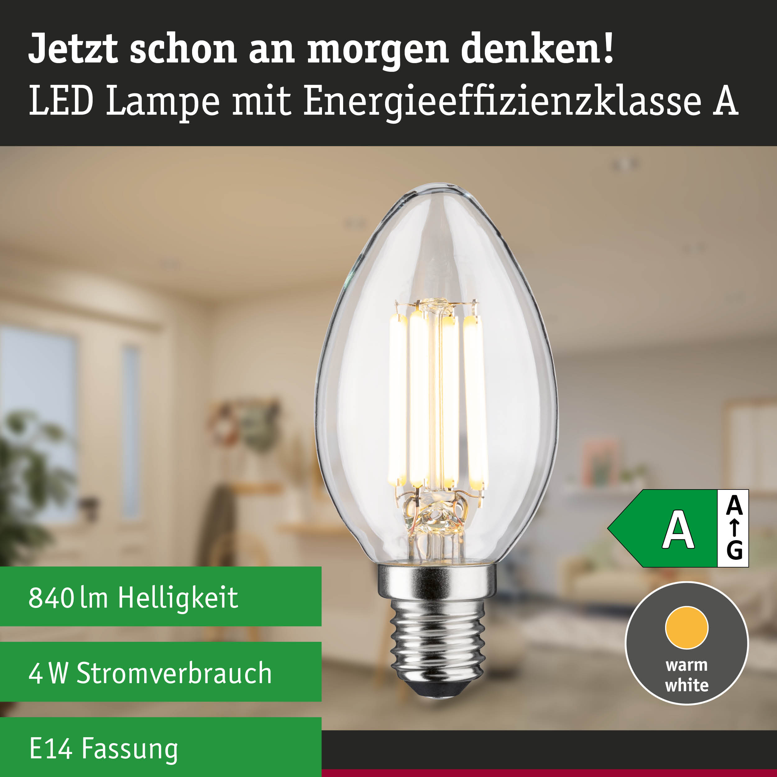 LED-Kerzenlampe vor verschwommenem Hintergrund mit Text und Symbolen für Energieeffizienz A.
