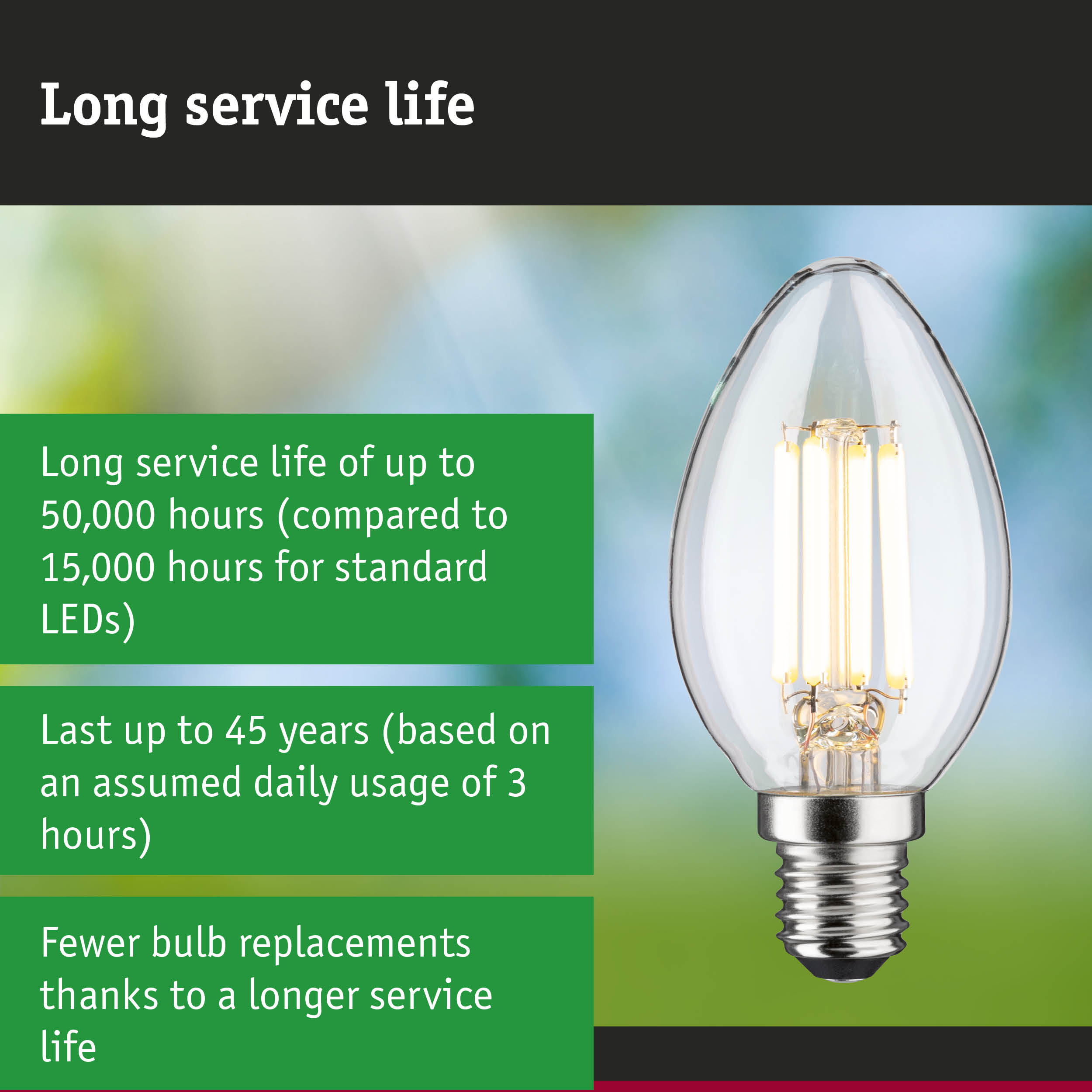 LED-Kerzenlampe mit Text zu langer Lebensdauer und Ersparnis.
