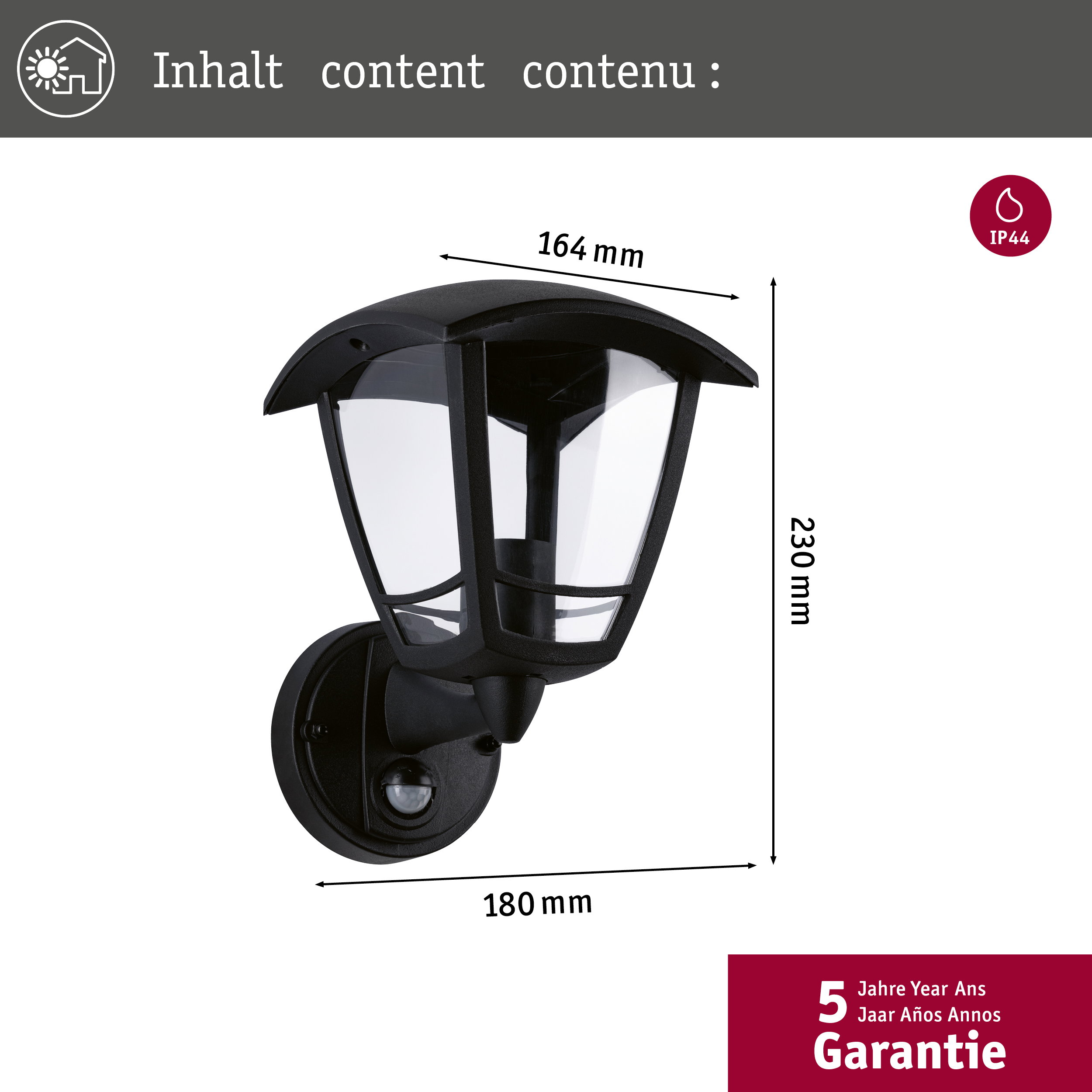 Technische Zeichnung einer schwarzen Wandleuchte mit Bewegungsmelder, 164x230x180 mm, IP44 und 5 Jahren Garantie.