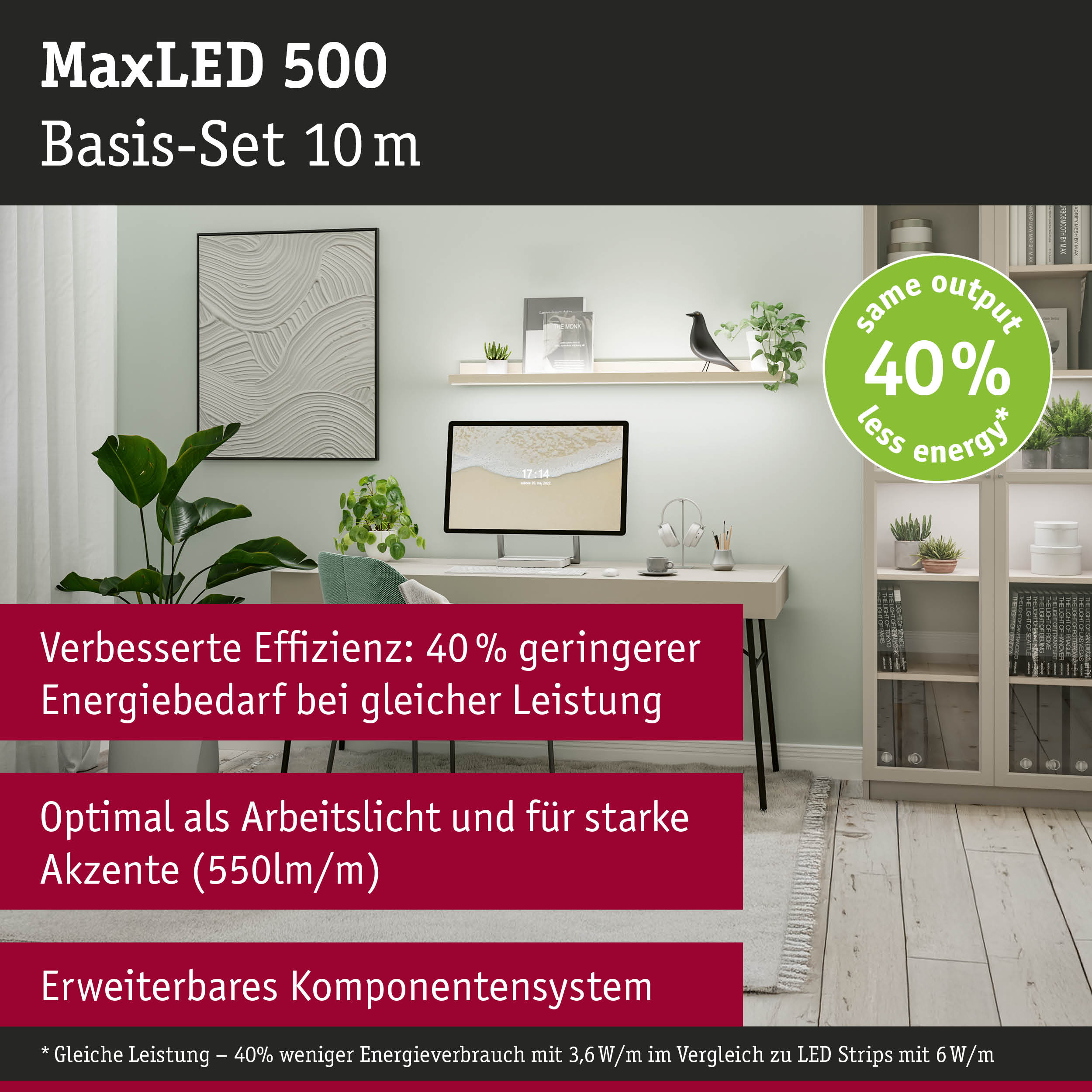 Moderne Schreibtischumgebung mit beleuchtetem Regal, Computer und Pflanzen auf mintgrünem Wandhintergrund.