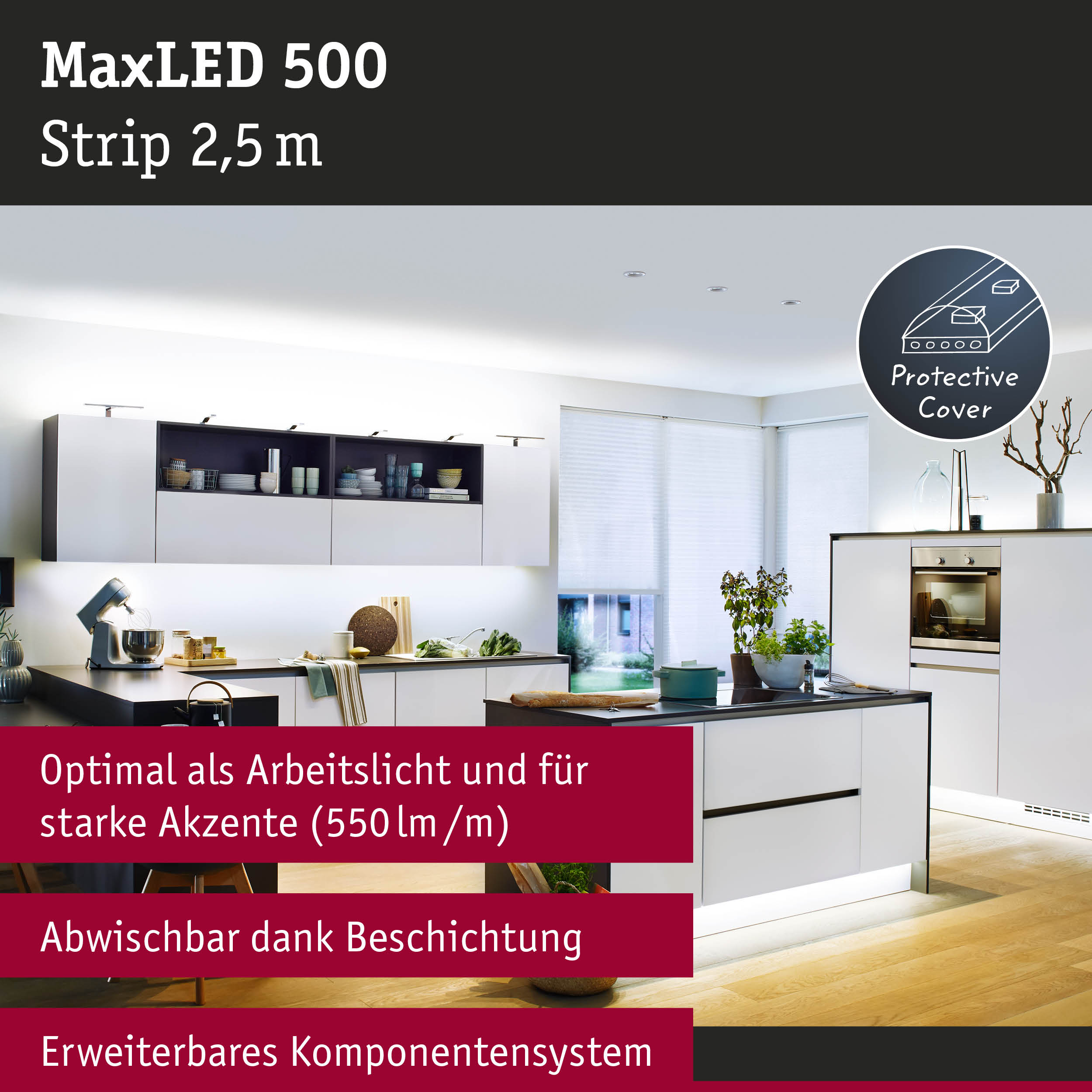Cucina moderna con illuminazione LED integrata sotto i mobili e le isole.