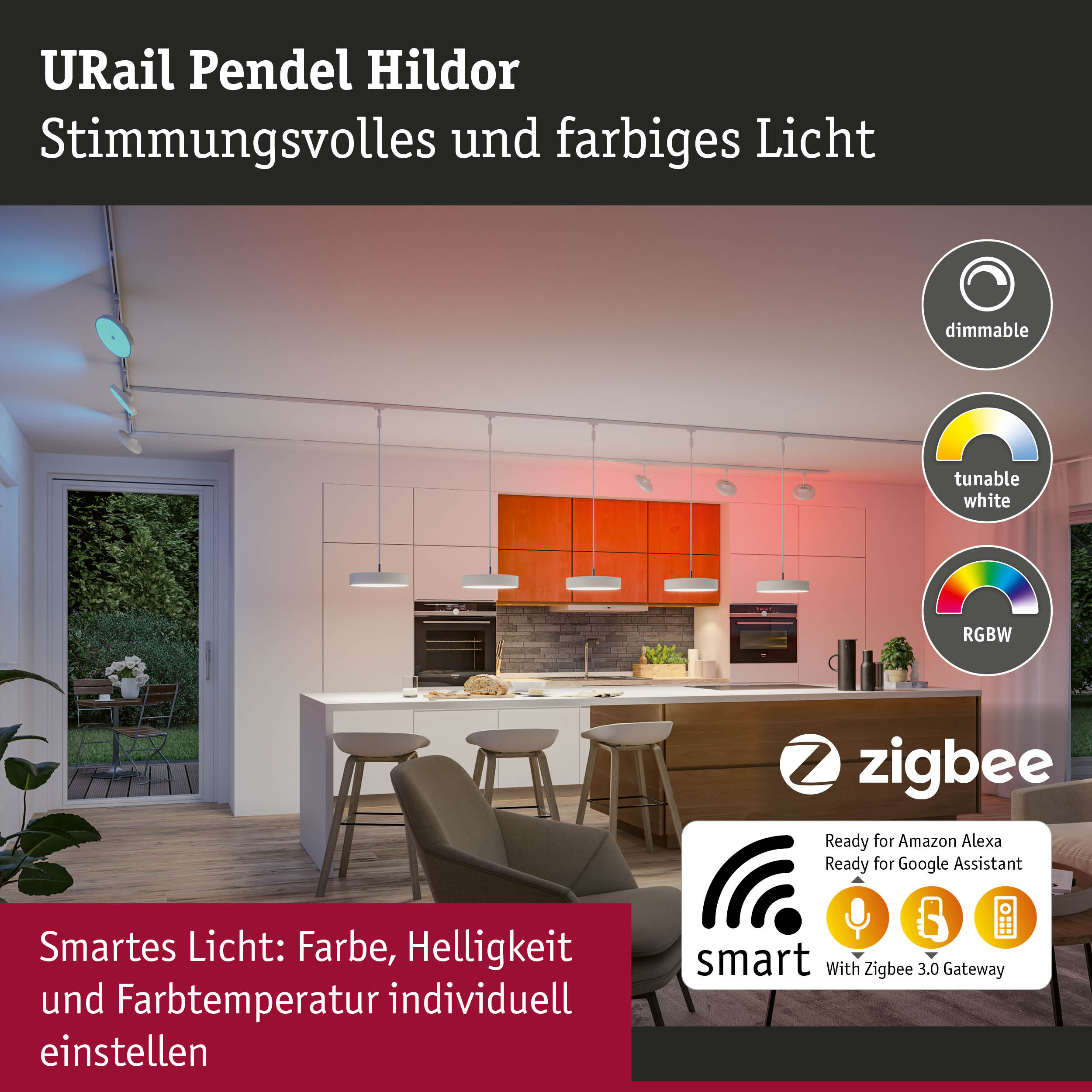 Moderne Küche mit hängenden Pendelleuchten, dimmbar und farbig einstellbar über Zigbee.