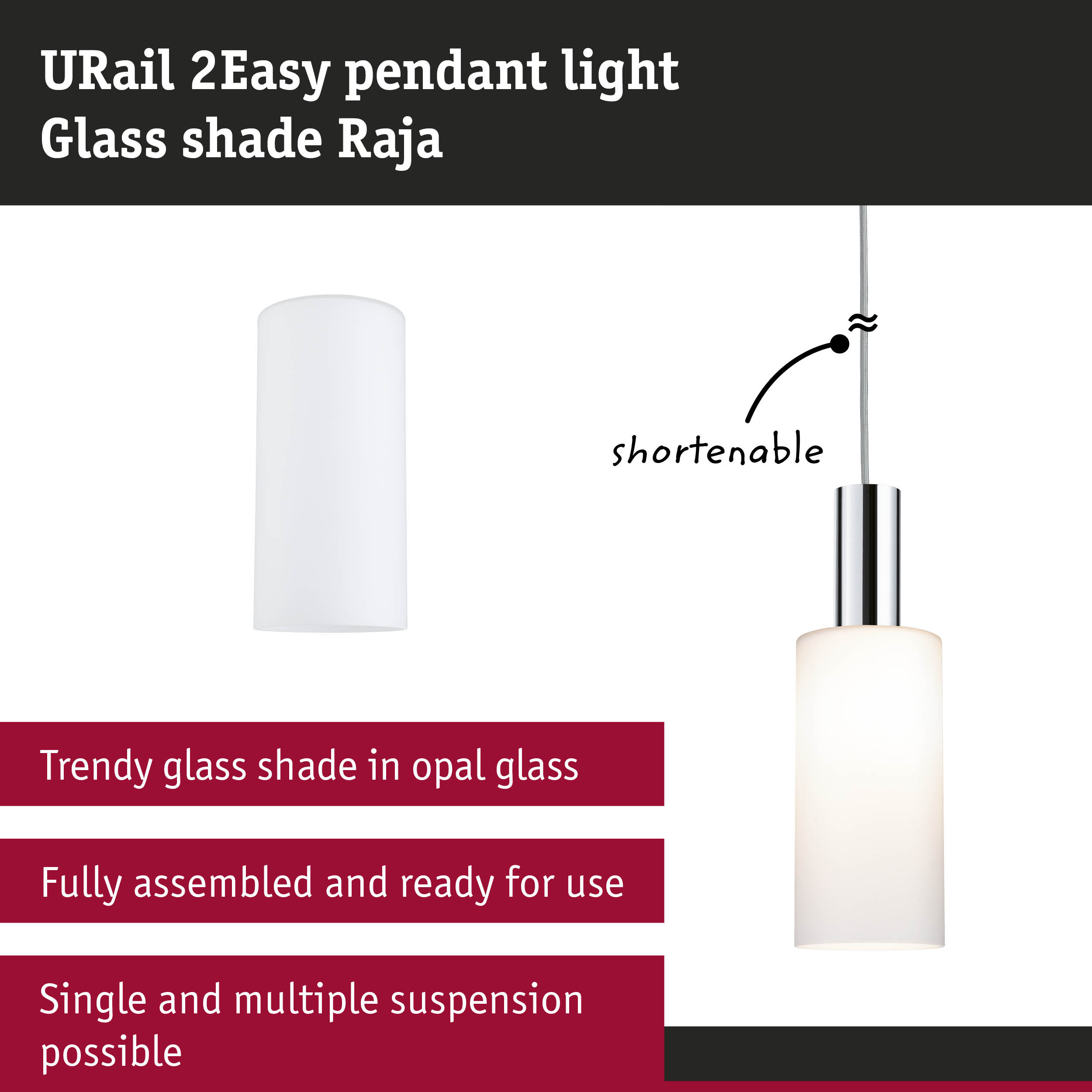 URail 2Easy Pendelleuchte mit opalweissem Glaschirm und verstellbarer Aufhängung.