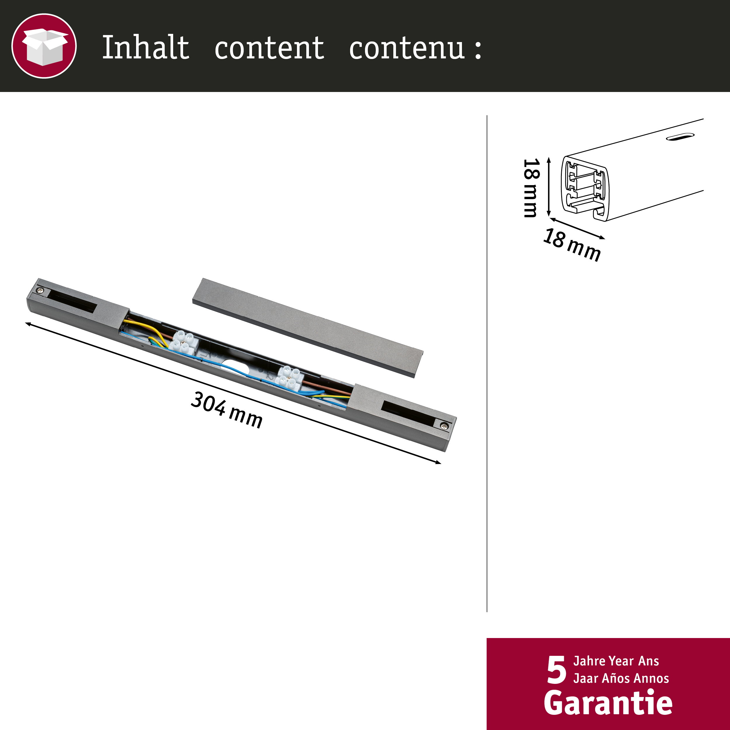 Technisches Diagramm zeigt eine 304 mm lange Schiene mit elektrischen Kabeln und Maßangaben von 18x18 mm.