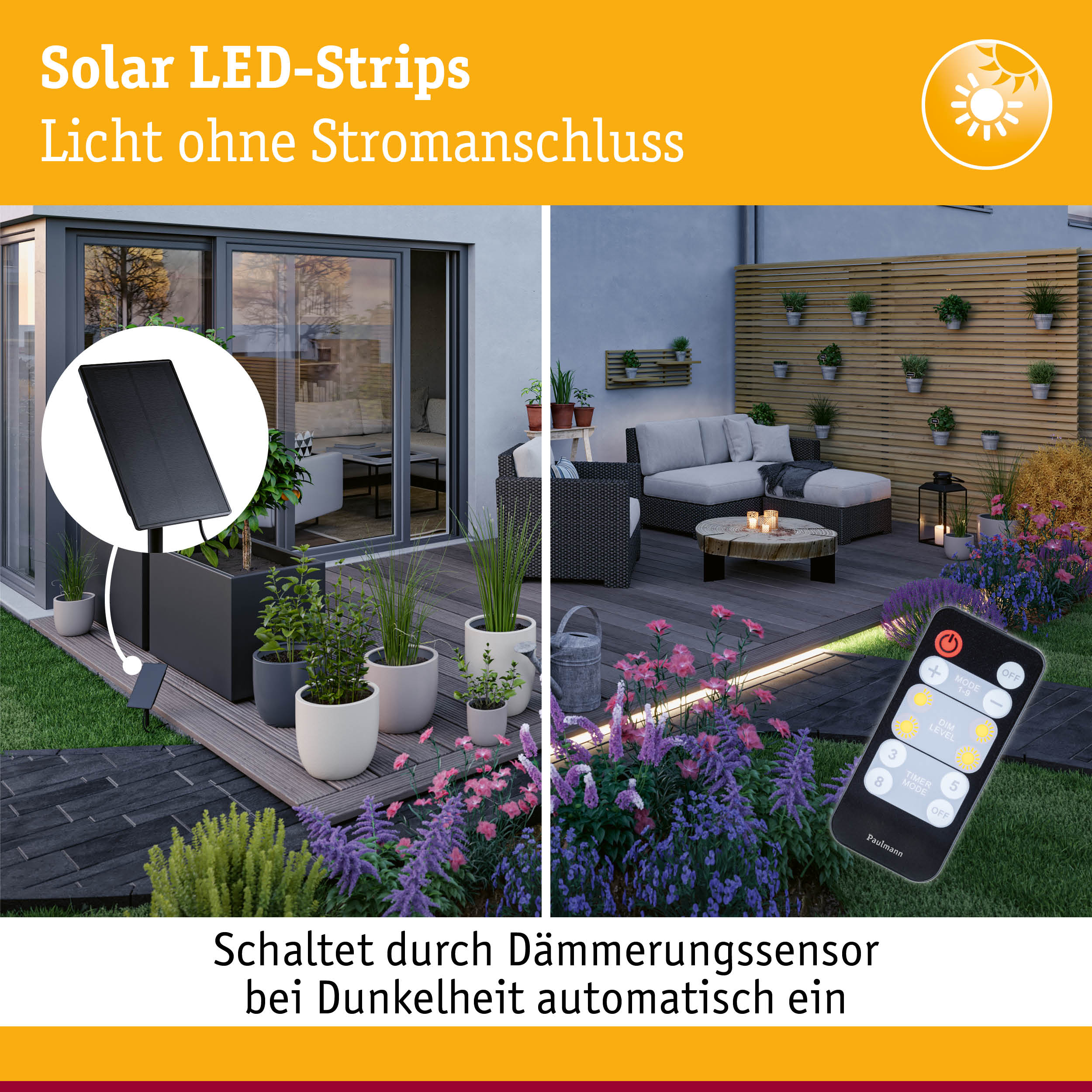 Solar-LED-Strips beleuchten eine Terrasse, gesteuert durch Dämmerungssensor und Fernbedienung.