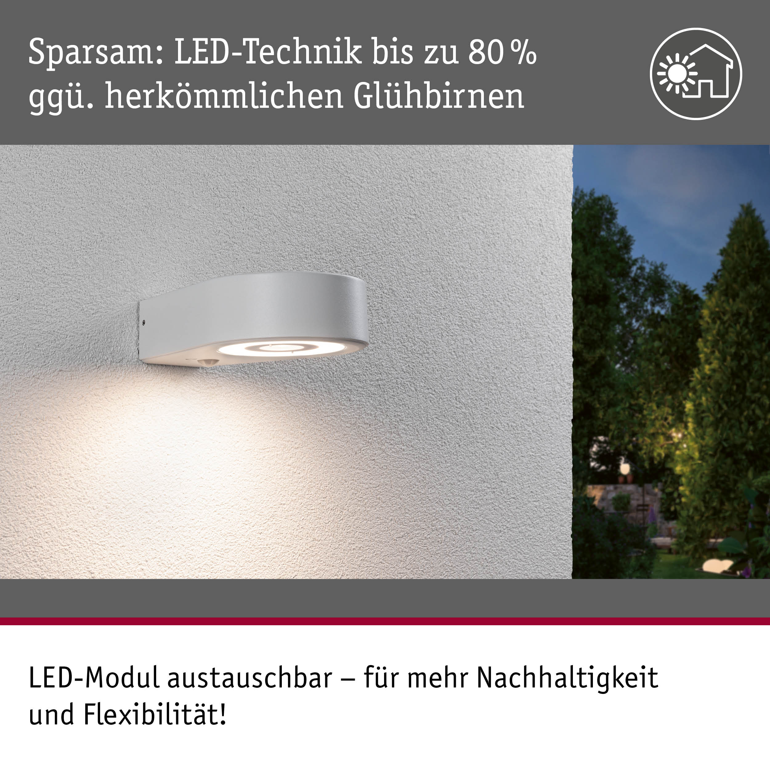 Nowoczesna srebrna ścienna lampa LED na teksturowanej szarej ścianie, z niemieckim tekstem.