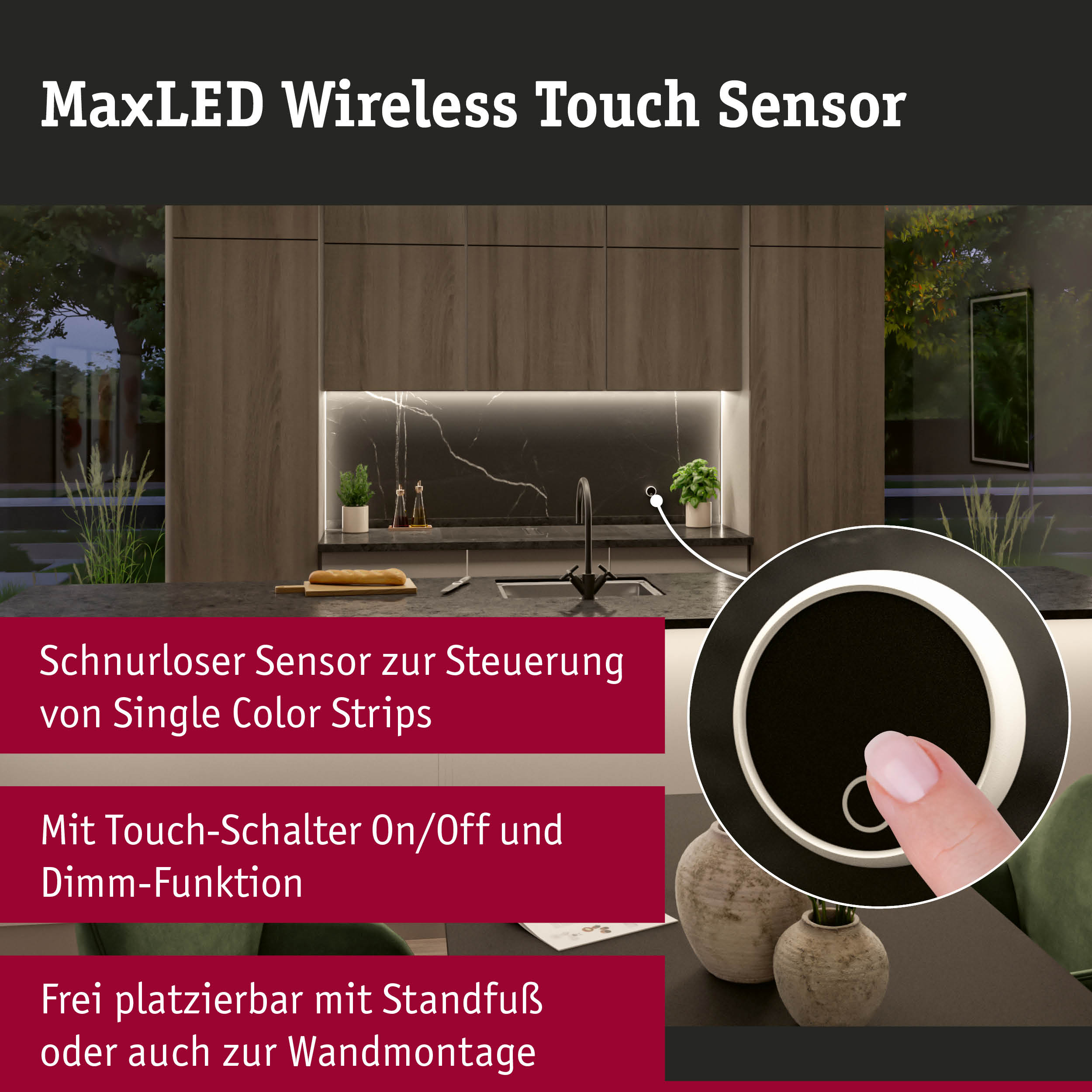 MaxLED-Funksensor für einfarbige Streifen mit Touch-Schalter und Dimmfunktion.