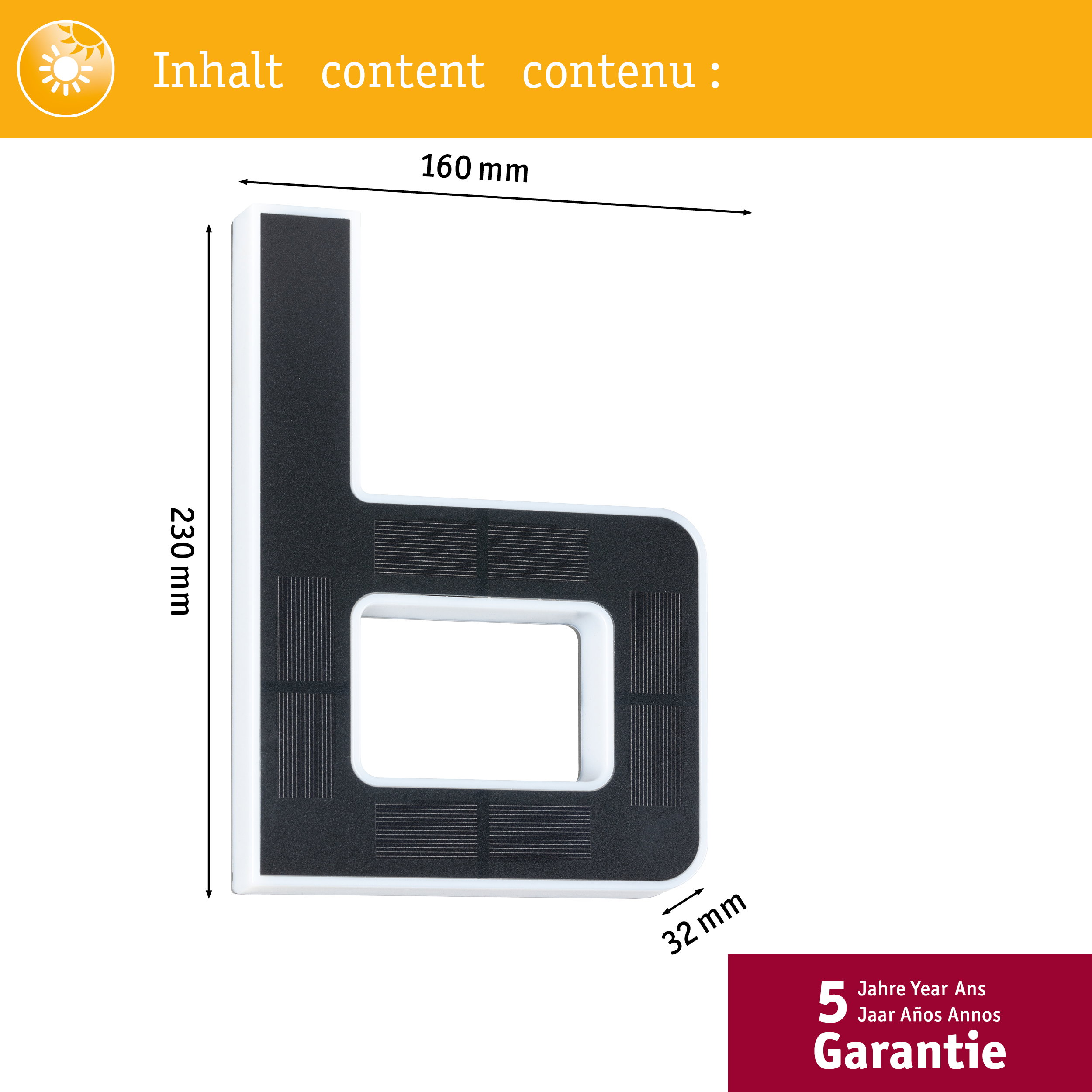 Technische Zeichnung der Hausnummer b mit Maßen: 230 mm Höhe, 160 mm Breite und 32 mm Tiefe.