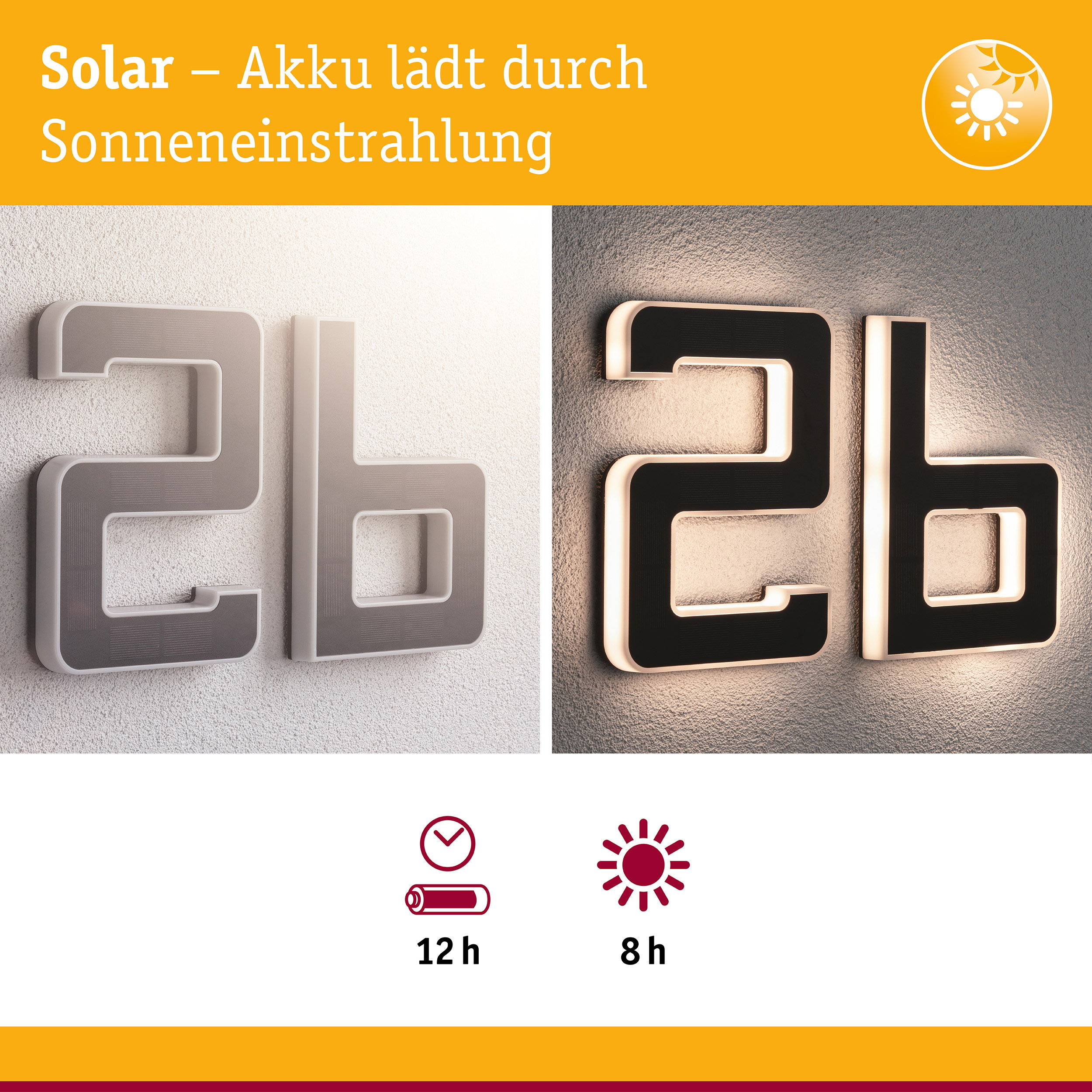 Solar-Hausnummer 2b mit Tagladung und Nachtbeleuchtung, mit Akku- und Sonnensymbolen.