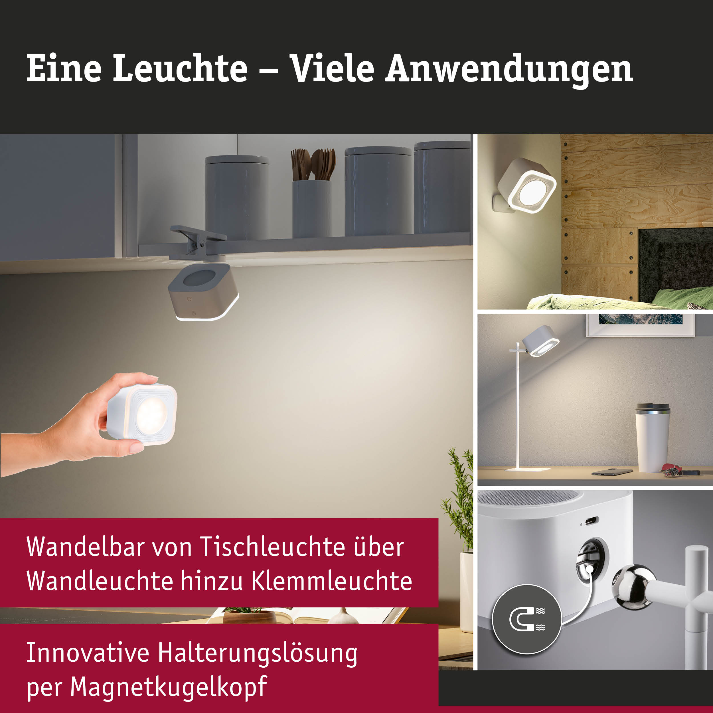 Wszechstronna magnetyczna lampa kostkowa jako klamrowa, ścienna i biurkowa, z tekstem.