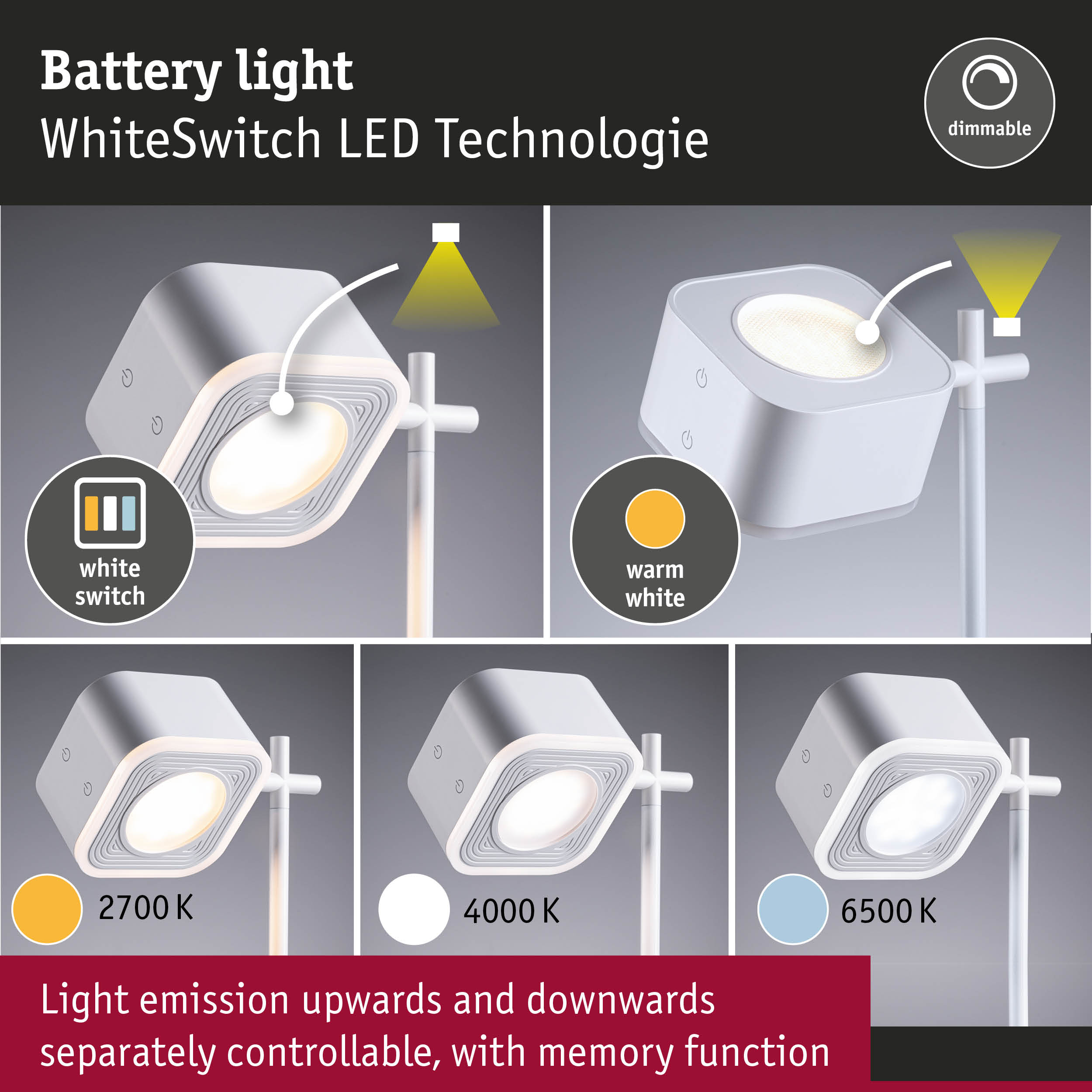 Lampka akumulatorowa z technologią WhiteSwitch LED i oddzielnie sterowanym światłem.