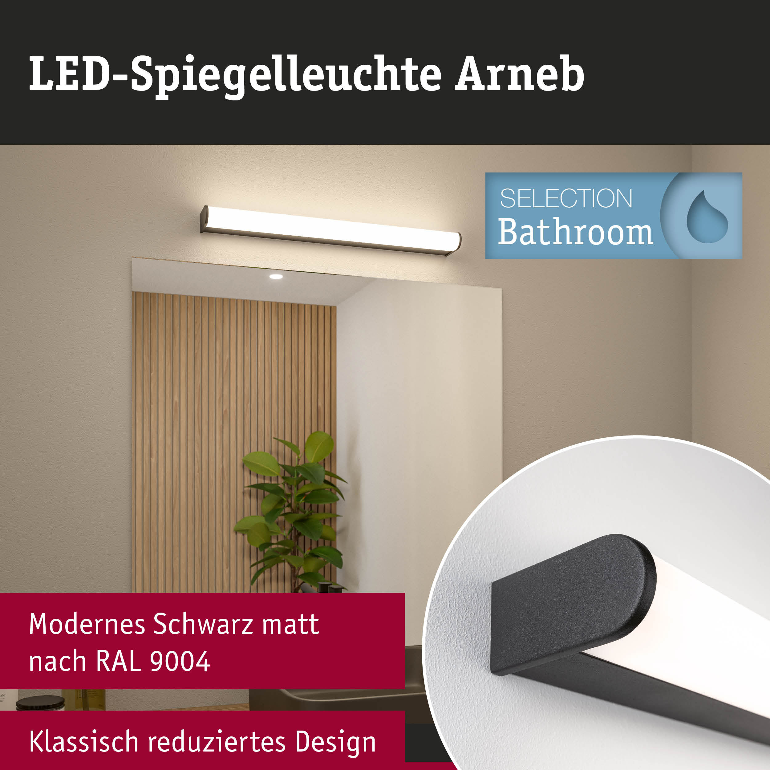 Schwarze LED-Spielleuchte Arneb über einem Spiegel im Badezimmer mit holzverkleideter Wand.