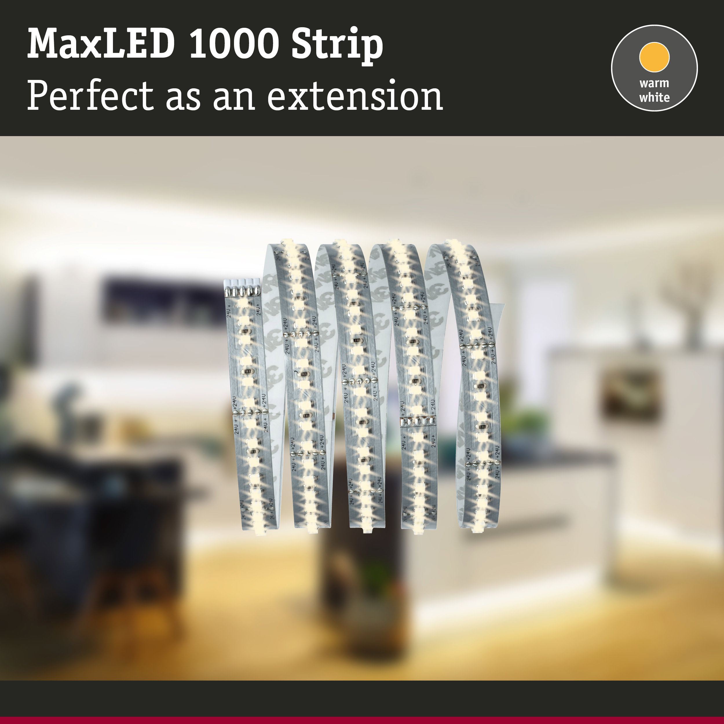 MaxLED 1000 LED-Streifen in warmweiß vor einem verschwommenen Raum.