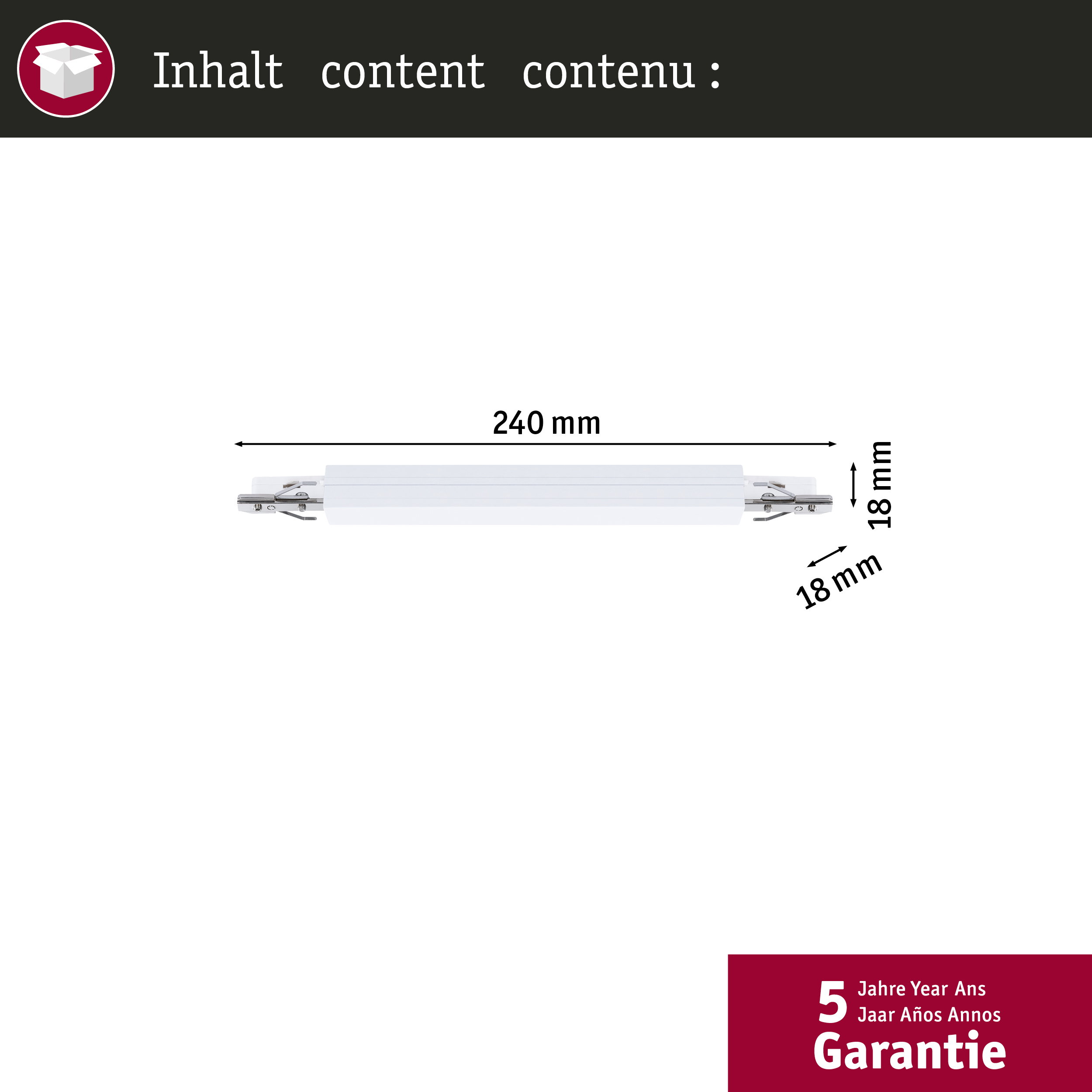 Technische Zeichnung eines 240 mm langen, 18 mm breiten und 18 mm hohen Bauteils mit 5 Jahren Garantie.