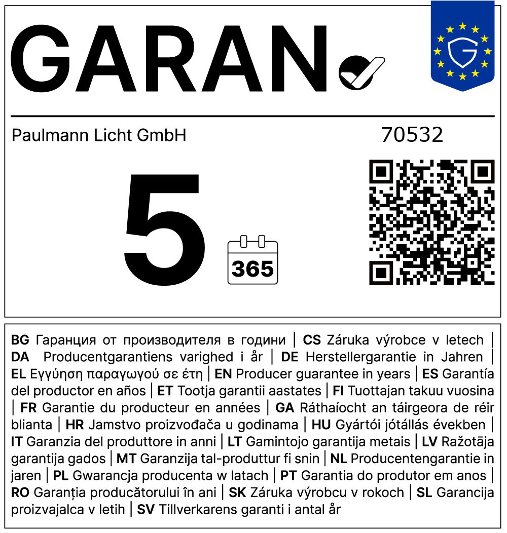 Etykieta z napisem GARAN, dużą 5, ikoną kalendarza 365, kodem QR i logo UE.