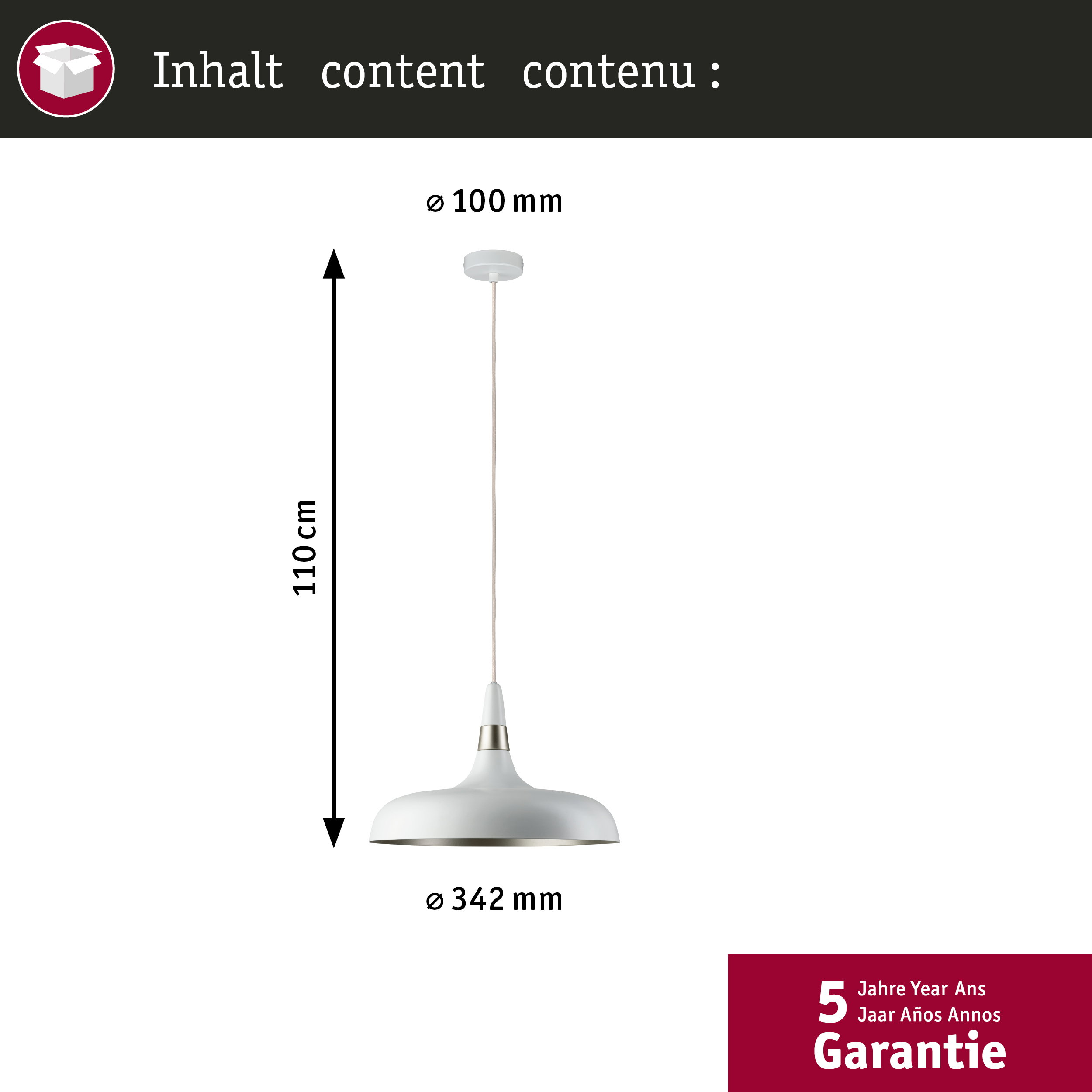 Technische Zeichnung einer weißen Hängelampe mit Maßen von 110 cm Höhe und 342 mm Durchmesser.