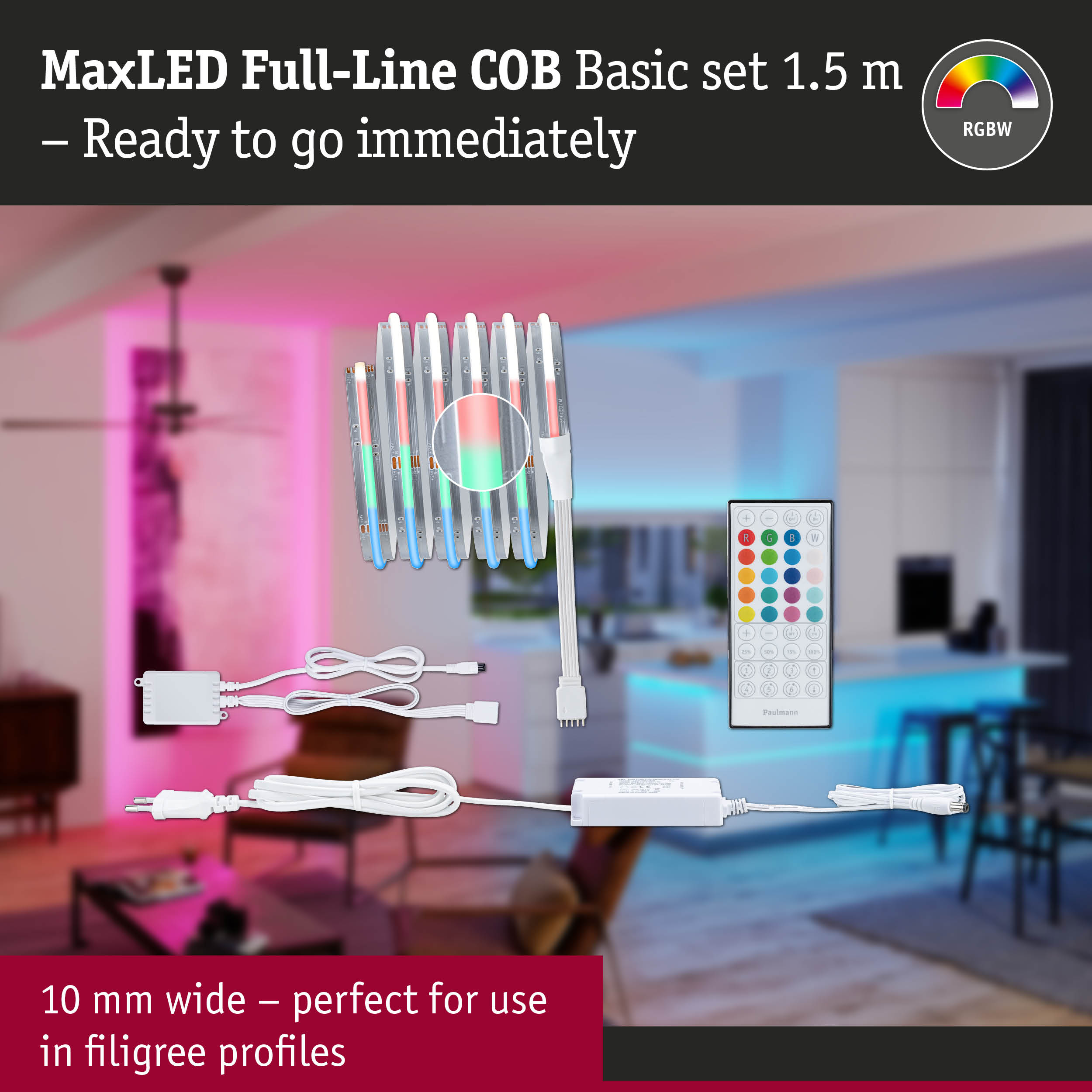 MaxLED Full-Line COB Basic-Set 1,5m mit LED-Streifen, Fernbedienung und Netzteil in einem beleuchteten Wohnraum.
