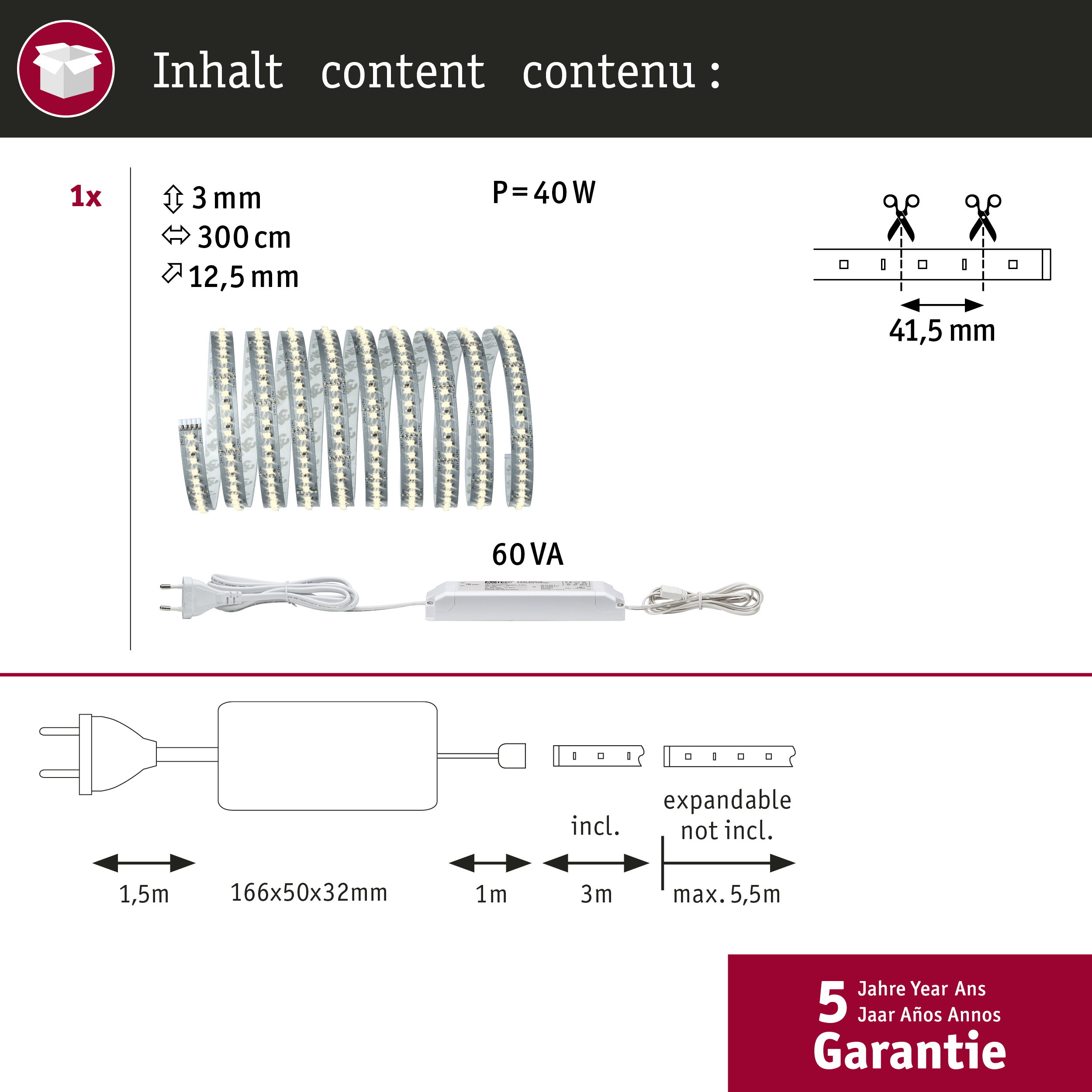 LED-Streifen Set mit Netzteil, 300cm lang, 40W, mit technischen Daten und 5 Jahren Garantie.