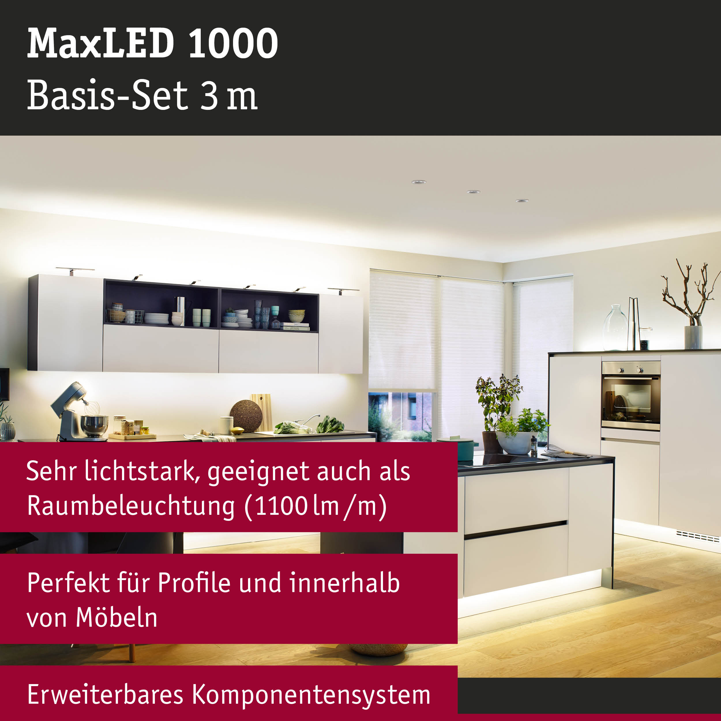 Moderne Küche mit integrierter LED-Beleuchtung an Schränken und Sockeln.