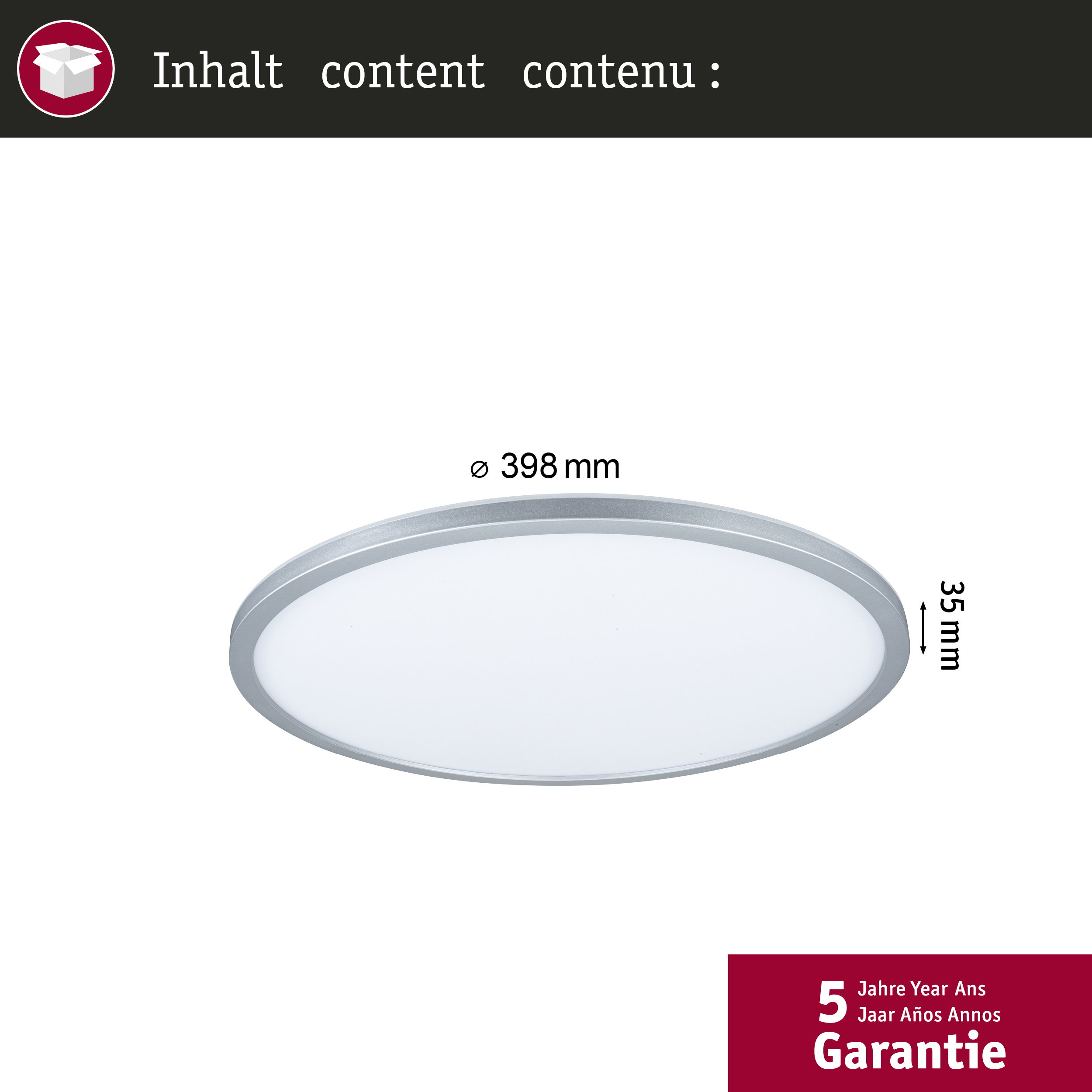 Okrągła lampa sufitowa o średnicy 398 mm i wysokości 35 mm, z 5-letnią gwarancją.