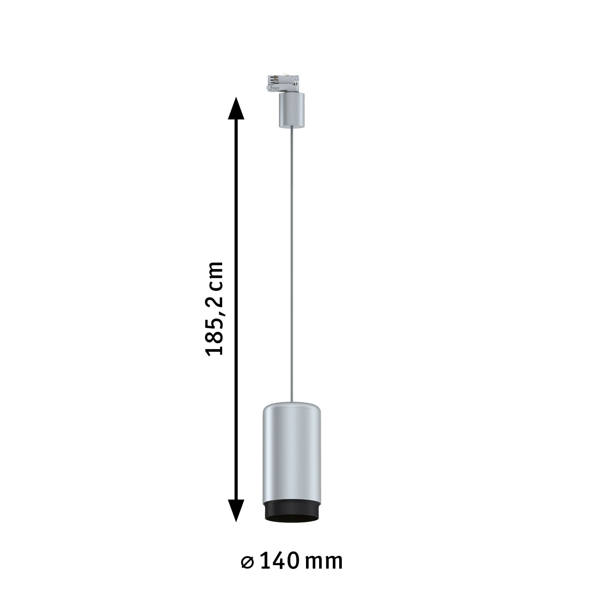 Rysunek techniczny srebrnej lampy wiszącej o wymiarach: wysokość 185,2 cm i średnica 140 mm.