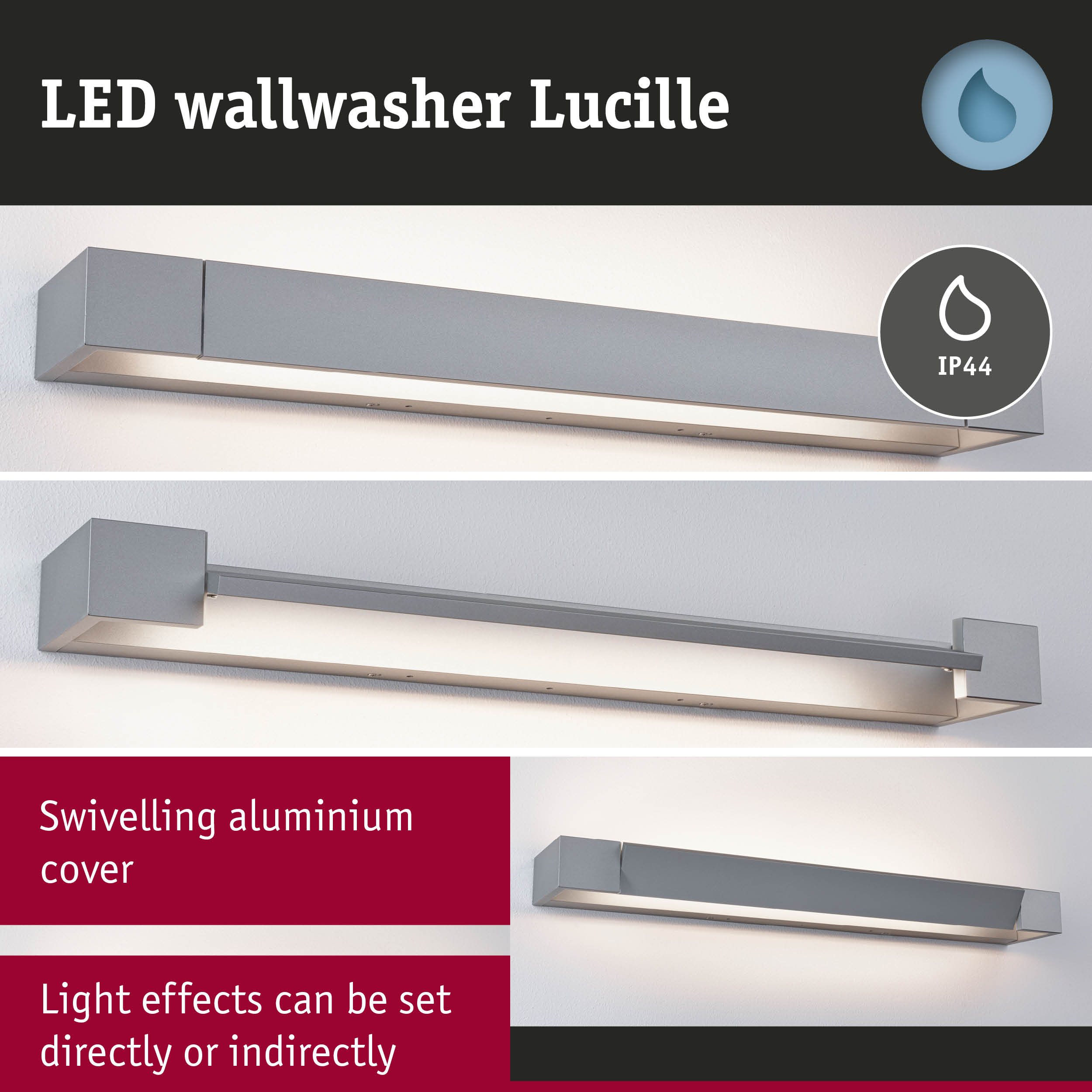 Kinkiet LED Lucille z obrotowąaluminiową osłoną dającą bezpośrednie lub pośrednie światło oraz IP44.