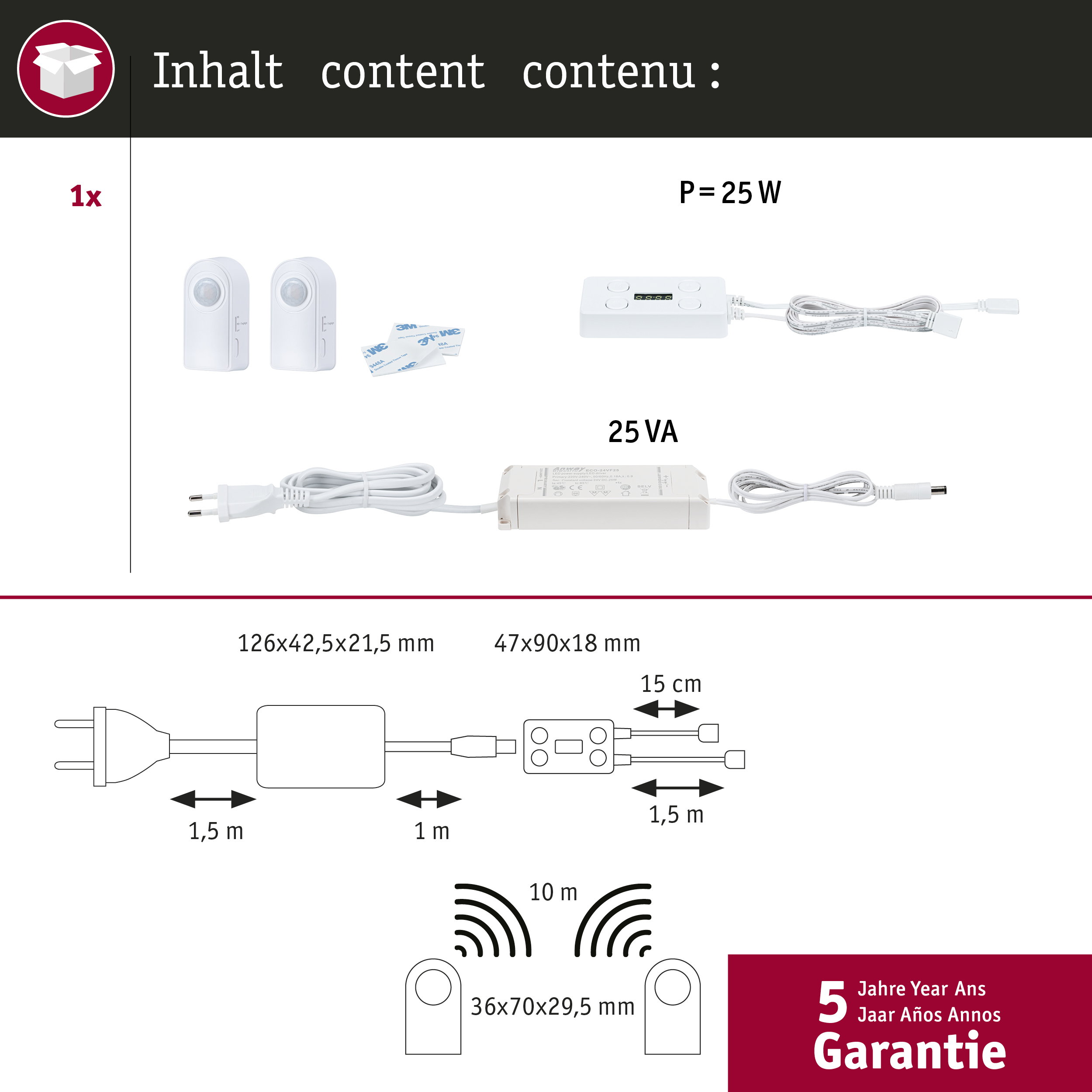 Inhalt: Zwei Sensoren, Klebeband, Steuerbox, Netzteil und technische Maße.