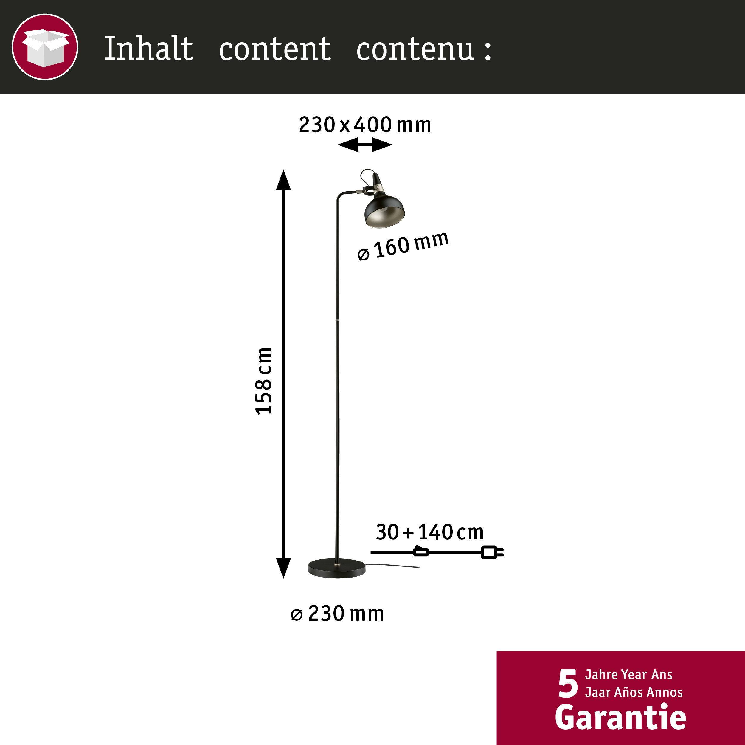 Diagramm einer schwarzen Stehlampe mit Maßen: Höhe 158 cm, Lampenschirm-Durchmesser 160 mm, Sockel 230 mm.