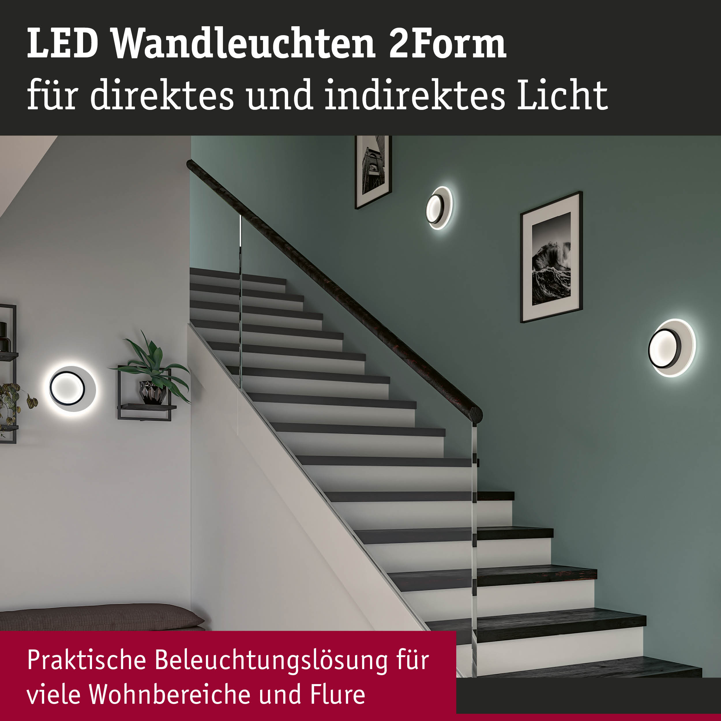Moderne LED Wandleuchten erhellen eine moderne Treppe in einem Flur mit Bildern.