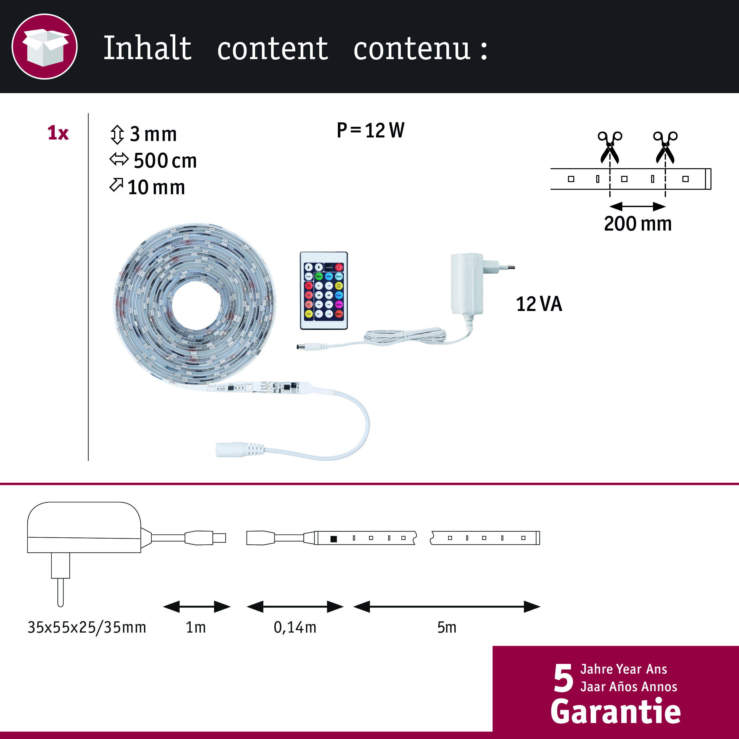 LED-Streifen-Set mit Fernbedienung, Netzteil und Maßangaben für Installation.