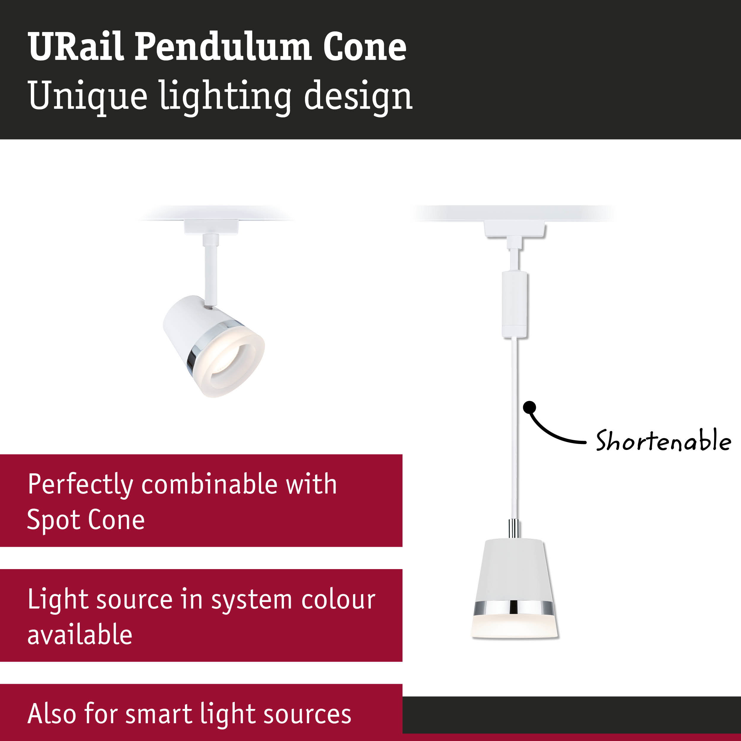 Produktwerbung für URail Pendulum Cone Beleuchtung mit weißen Kegellampen auf rotem und schwarzem Hintergrund.