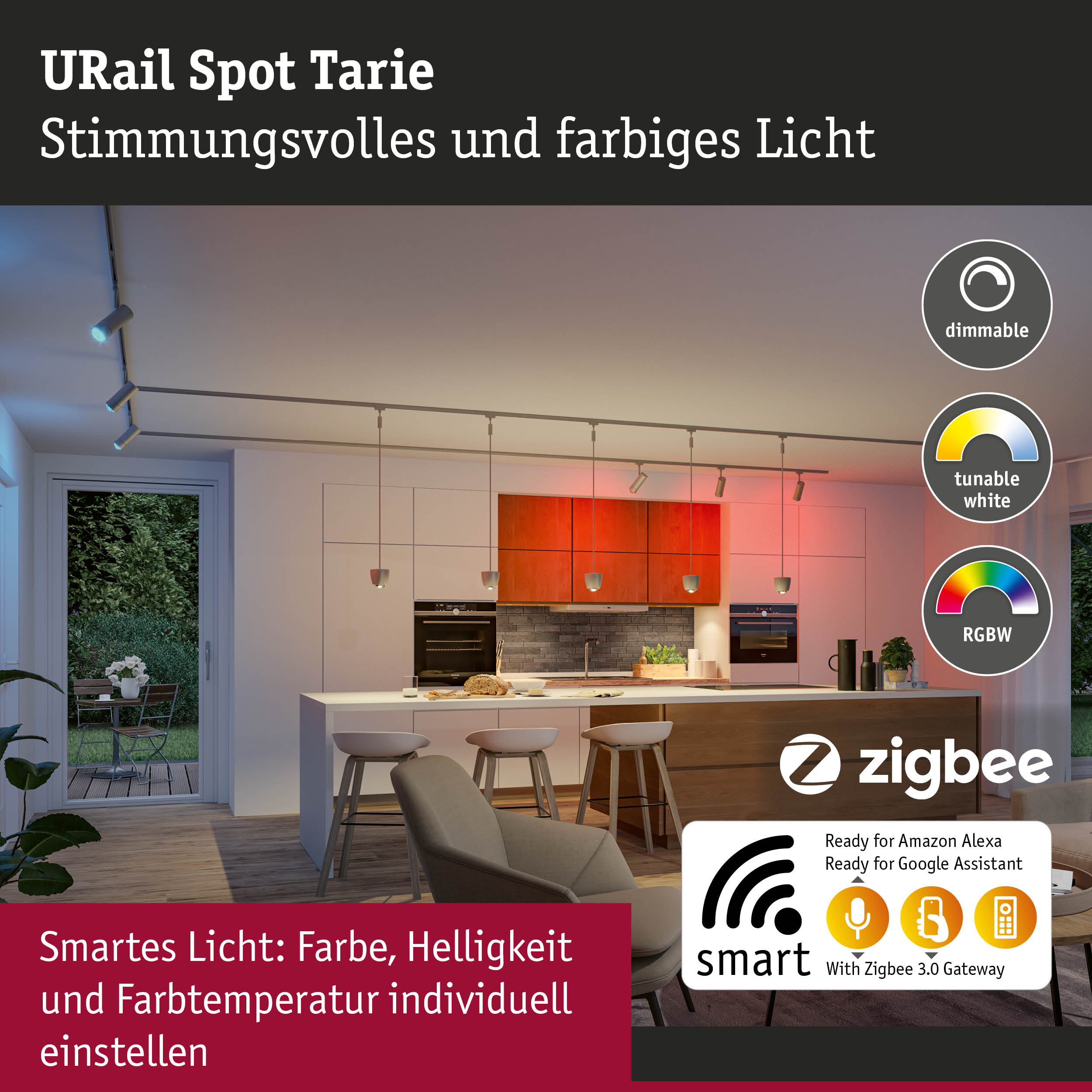 Moderne Küche mit URail Spot Tarie Schienensystem, dimmbarem, weißem und RGBW-Licht, kompatibel mit Zigbee.