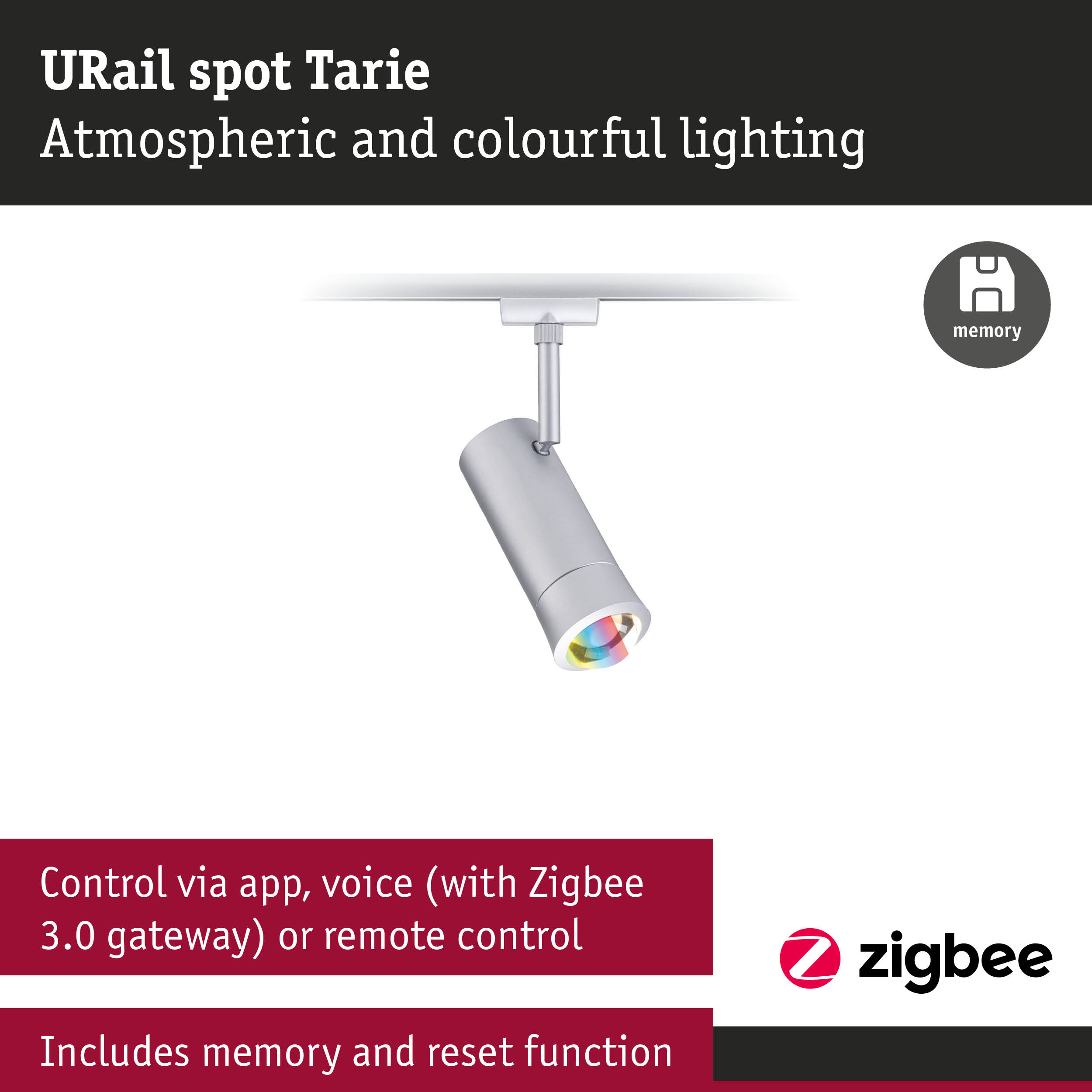 URail Spot Tarie in Silber für bunte Beleuchtung, mit App und Sprachsteuerung.